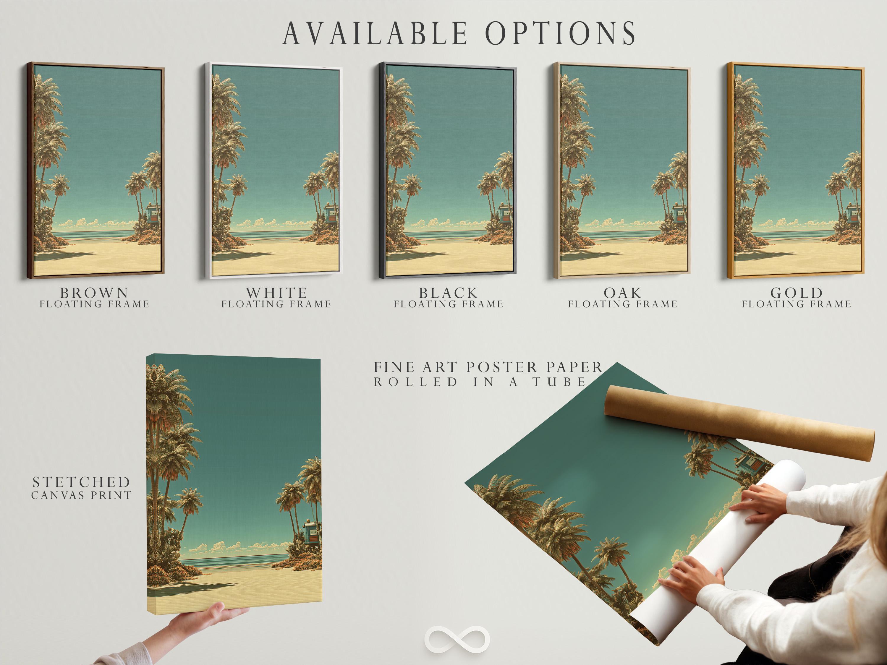 Mockup showing a framed tropical beach artwork on a wall