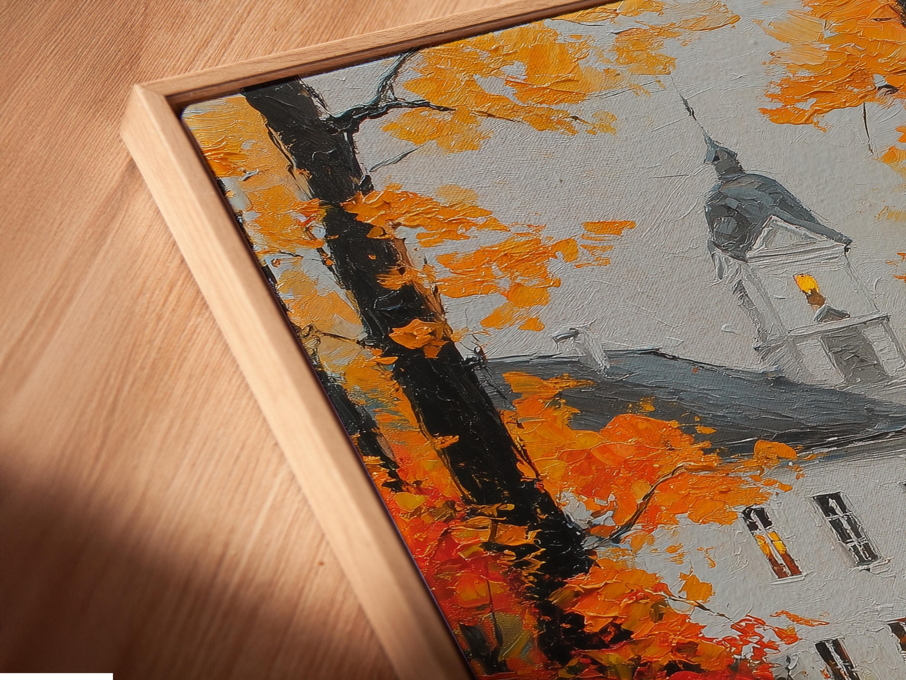 Painted autumn rain street scene with a figure holding an umbrella under orange and red trees detail view