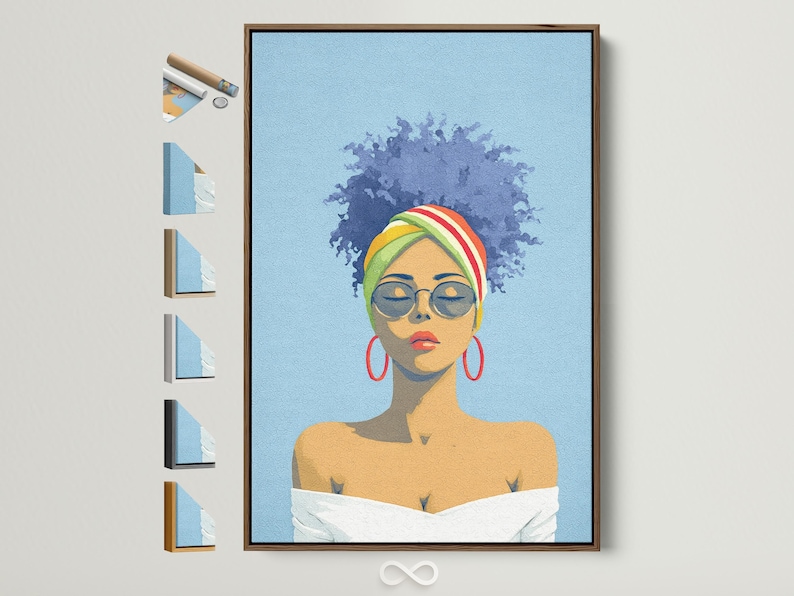 Stylised portrait of a woman with glasses and a rainbow headwrap on a textured blue background