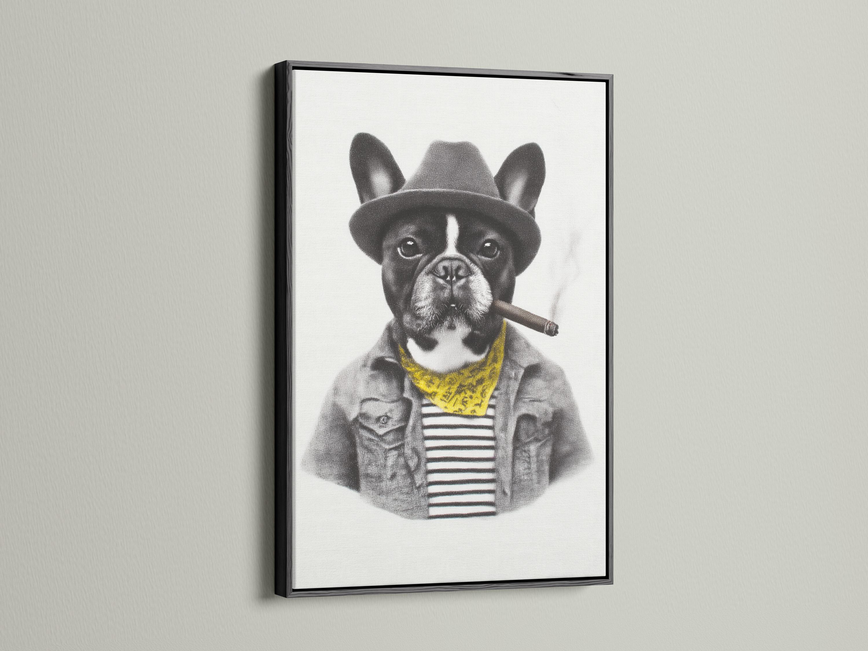 Black and white bulldog portrait wearing a hat and yellow scarf with a cigar detail view