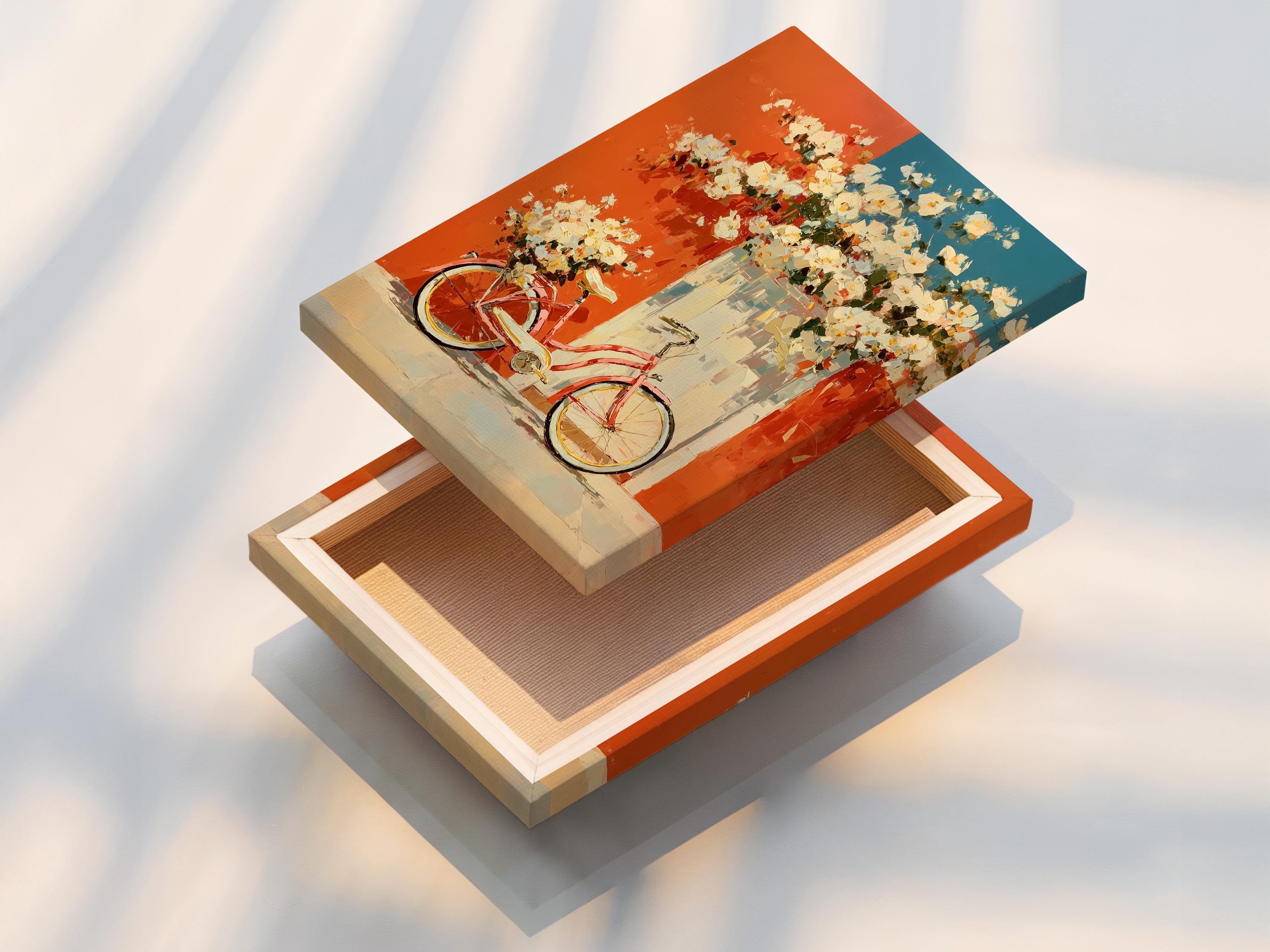 Vintage red bicycle with white blossoms on a coral and teal painterly background detail view