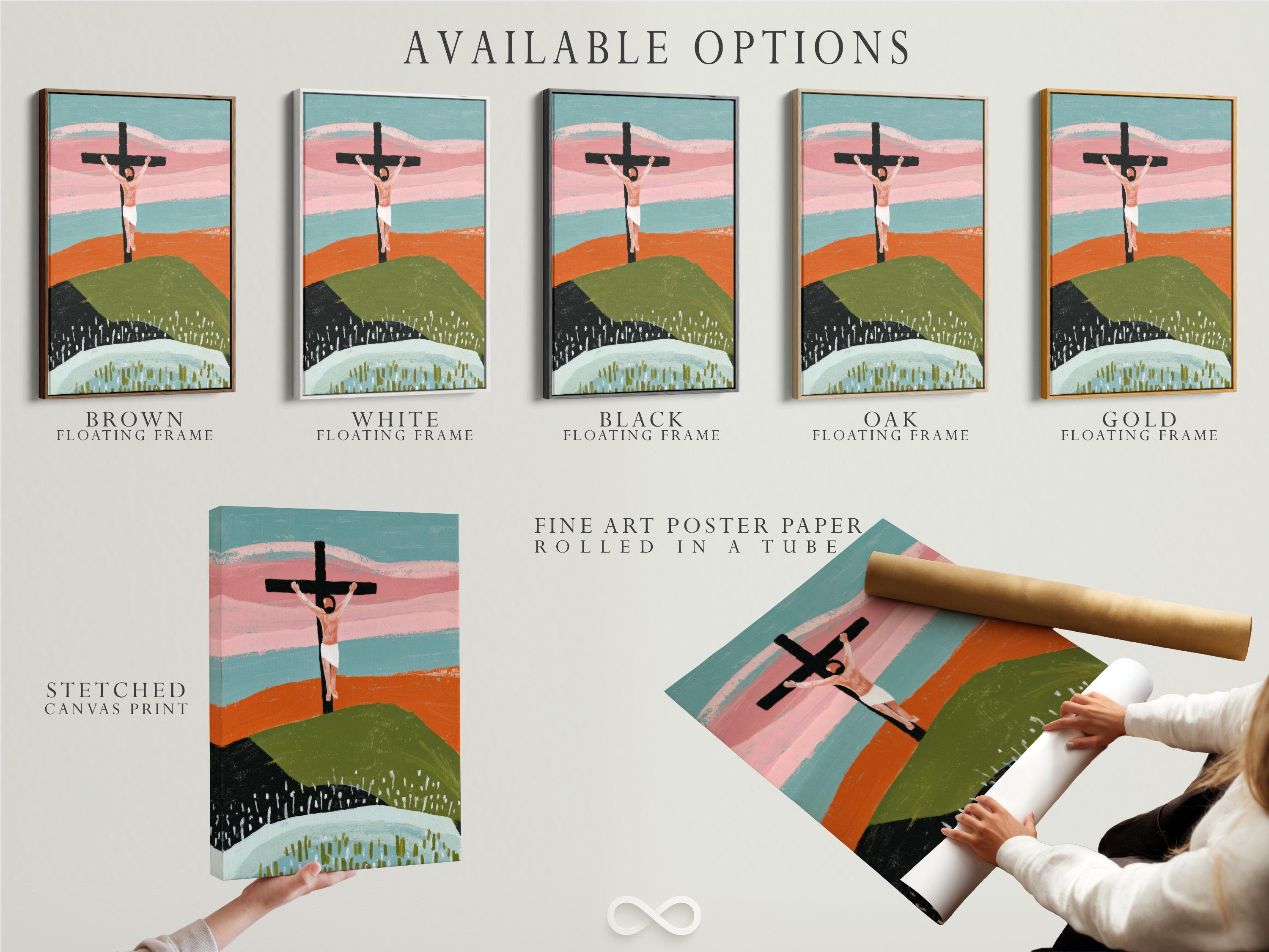 Stylised cross with outstretched figure above layered hills in dusty pink, teal and green detail view