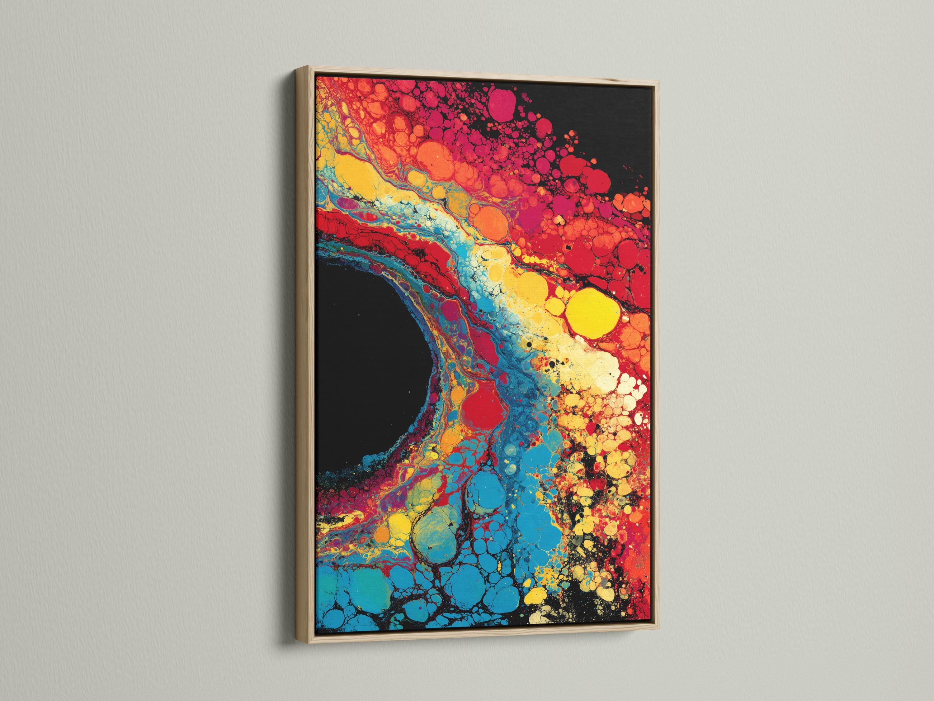 Fluid abstract artwork with red, blue, yellow and black bubble-like cells detail view