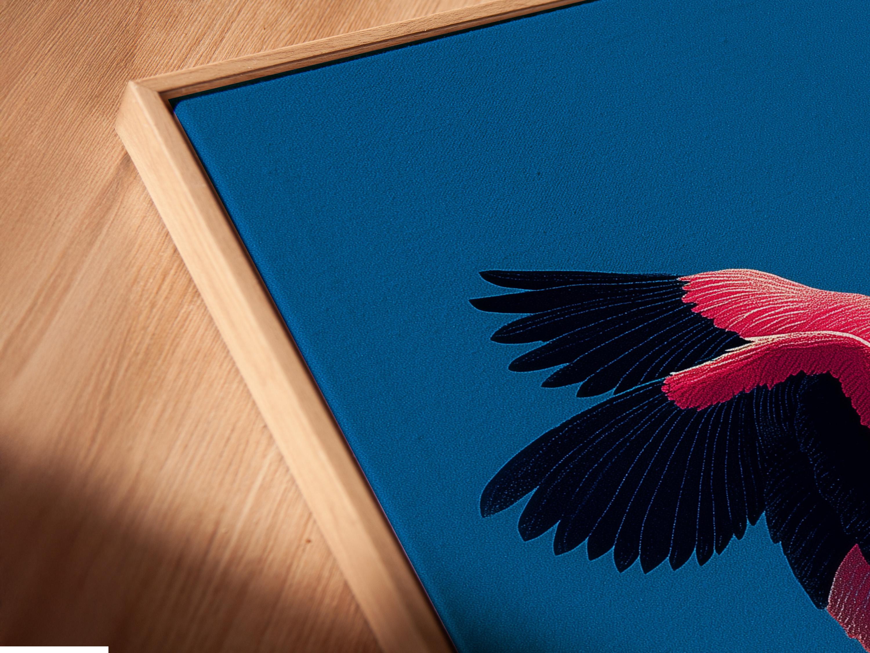 Stylised hot pink flamingo in profile on a vivid blue background with gold spark accents detail view