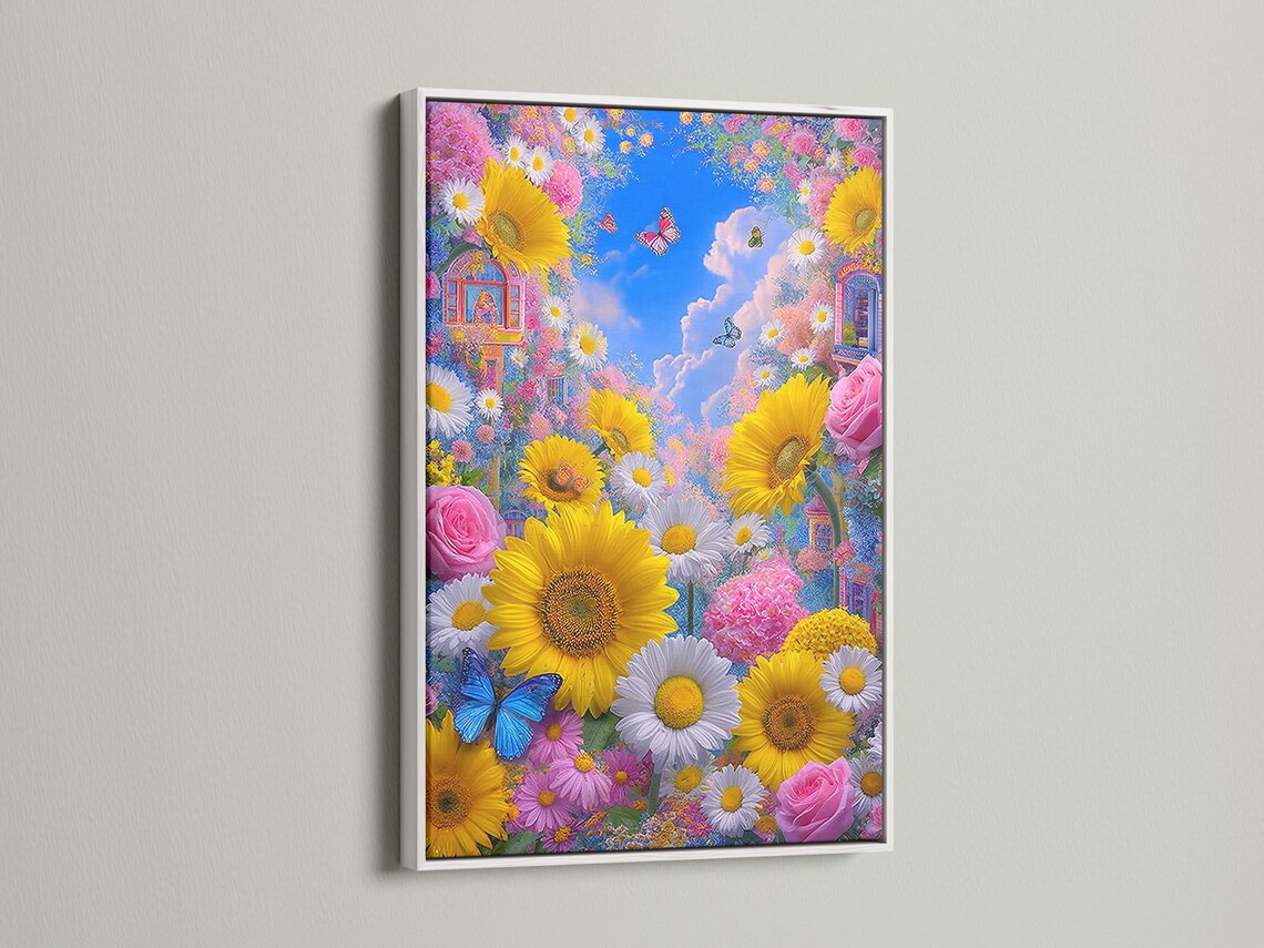 Floral garden scene with sunflowers, daisies, pink roses, blue butterflies and a blue clouded sky detail view
