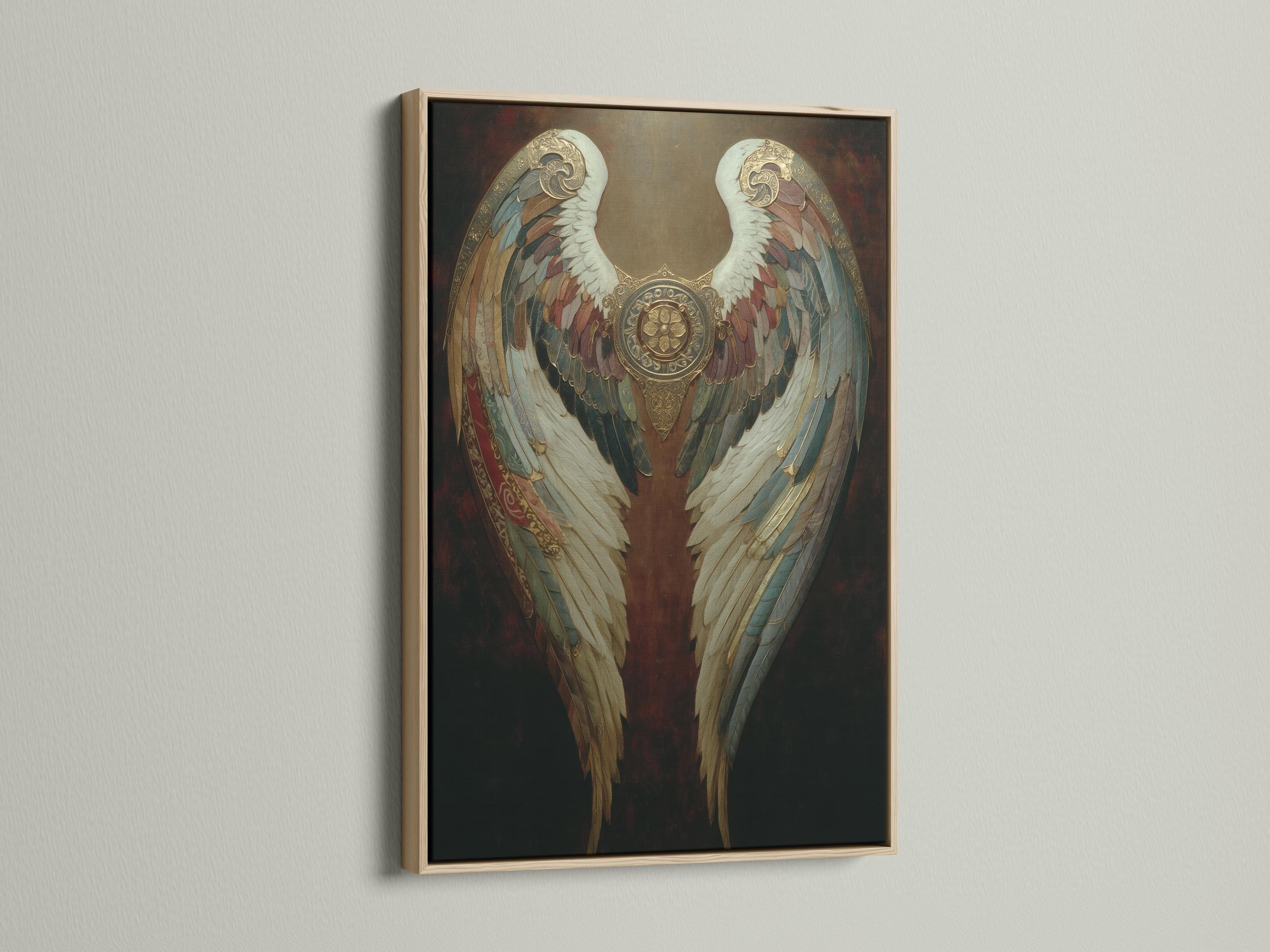 Artwork mockup showing ornate gold angel wings wall art in a dark vintage style