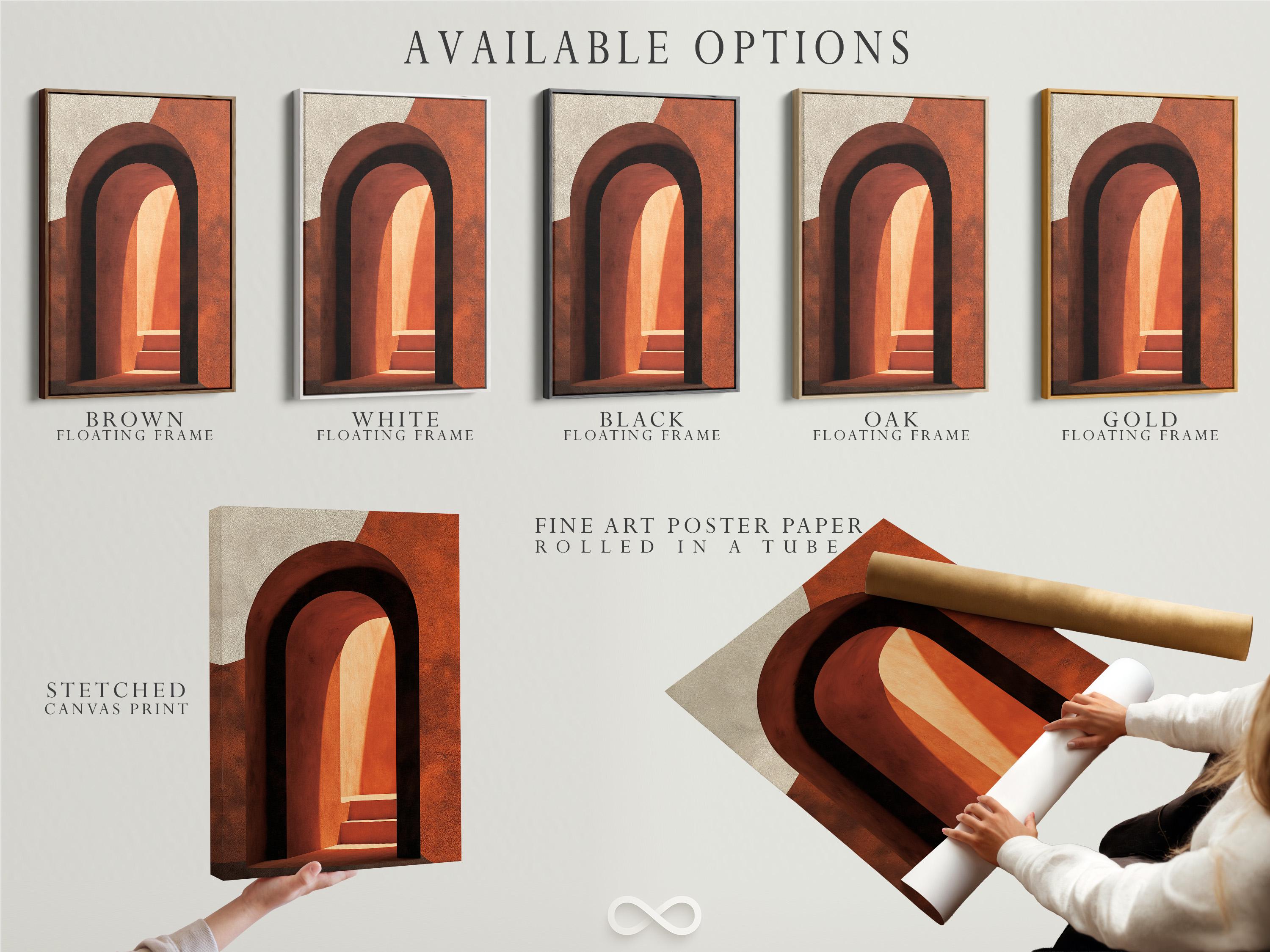 Woman holding a mug standing beside an abstract arch wall artwork in warm terracotta tones