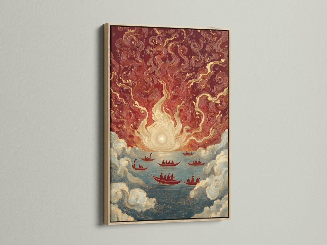 Stylised maritime artwork with a sunrise glow, swirling clouds and several red boats on ocean water detail view