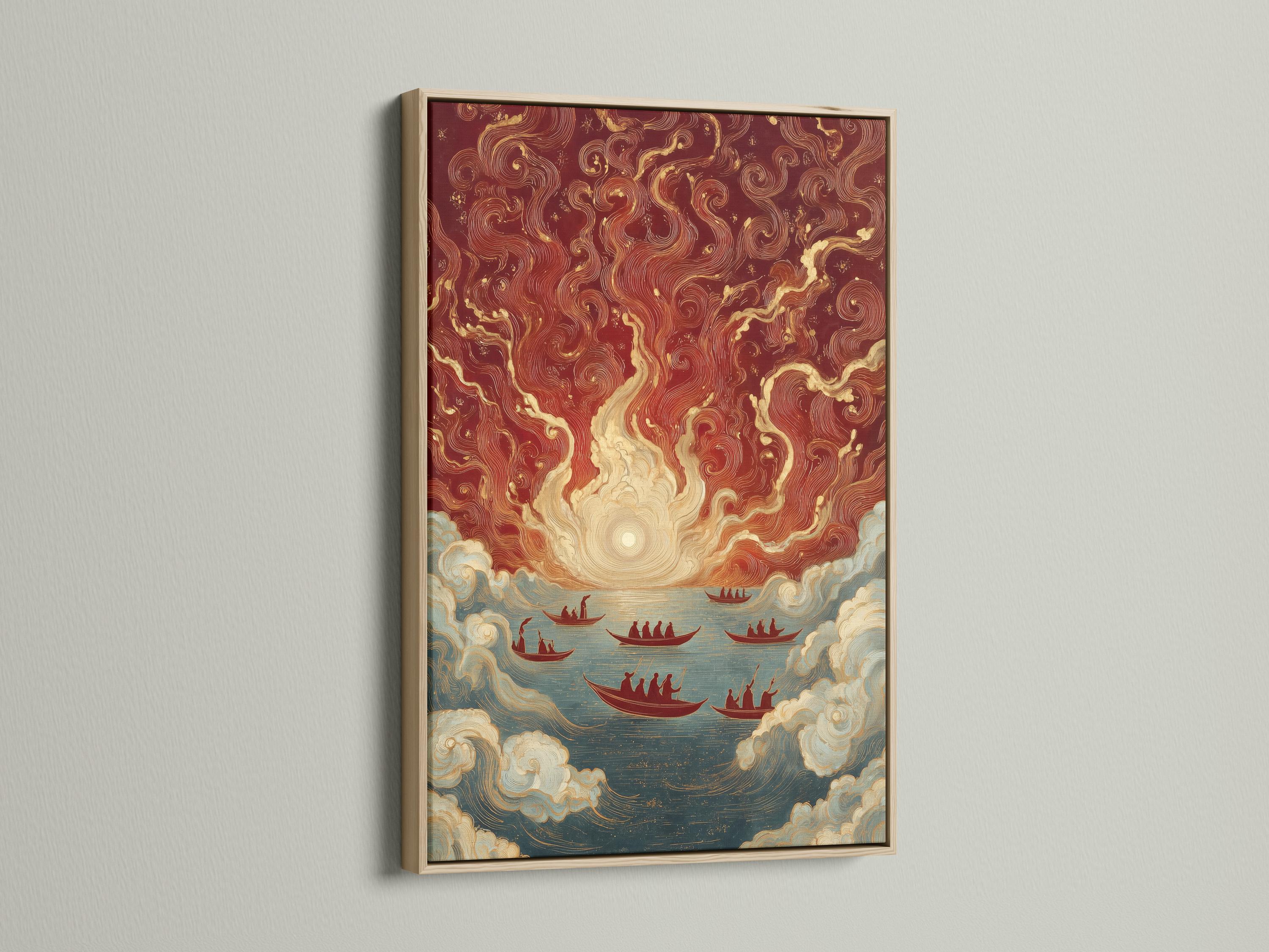 Stylised maritime artwork with a sunrise glow, swirling clouds and several red boats on ocean water detail view
