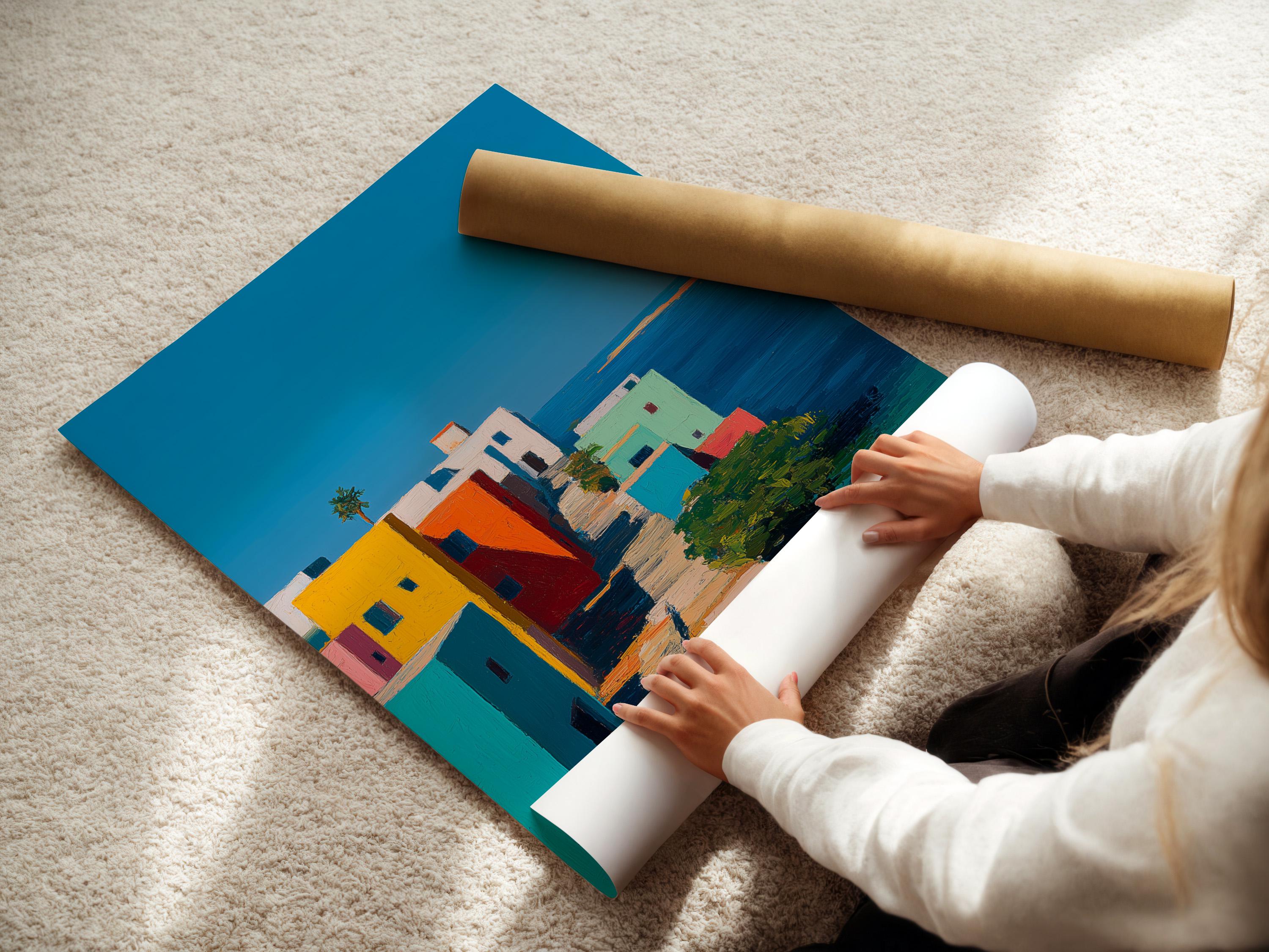 Wall mockup showing a framed coastal village artwork with colourful buildings and blue sky