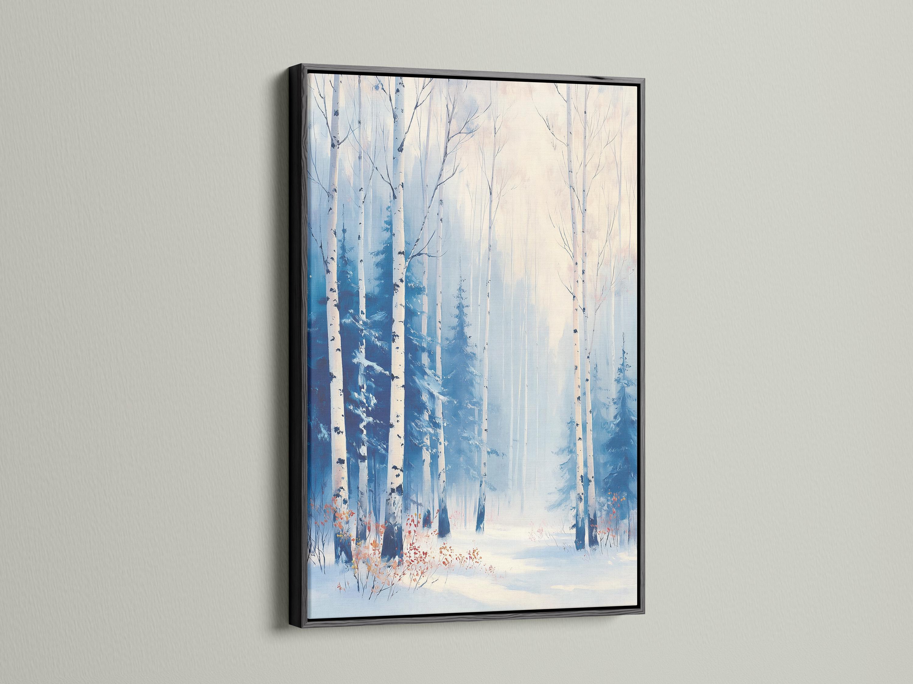 Snowy birch forest painting with pale blue trees and misty winter sky detail view