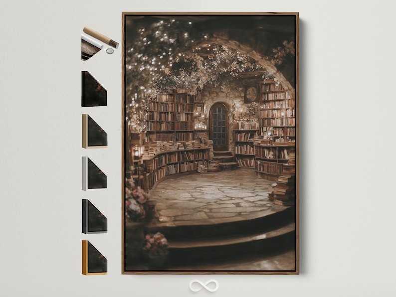 Portrait view of a warmly lit vintage library interior with bookcases and golden sparkles
