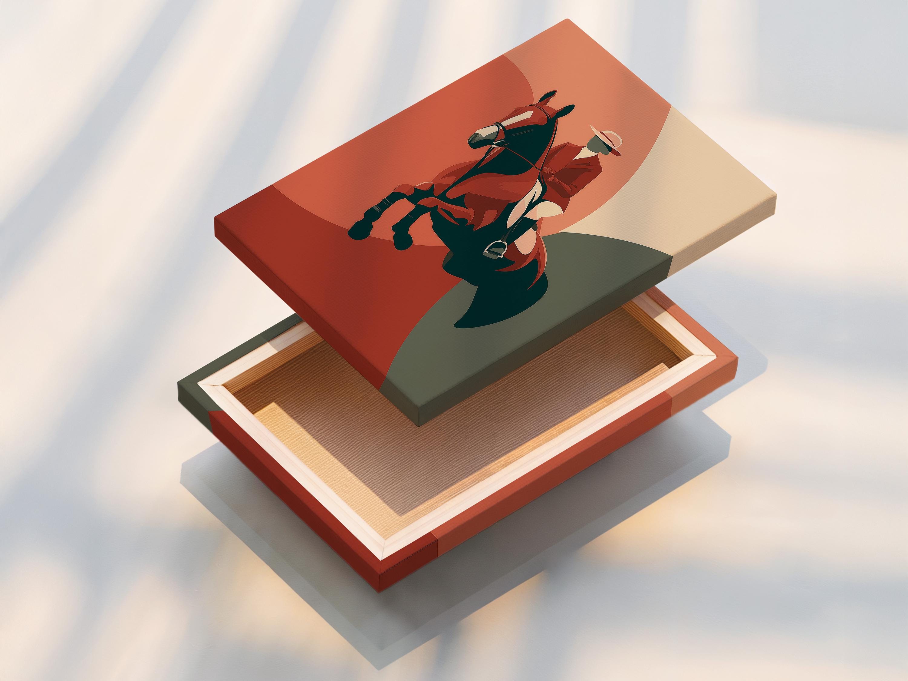 A stylised equestrian rider sits on a dark horse, set against a warm rust-red and beige abstract background with bold green and grey shapes detail