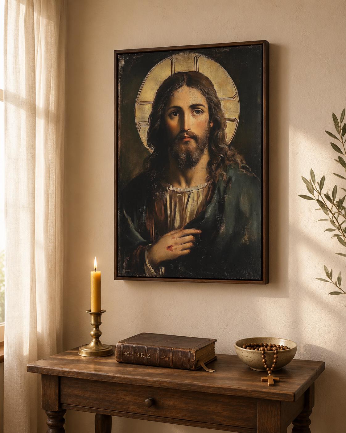 Jesus portrait with long dark hair and a glowing gold halo detail view