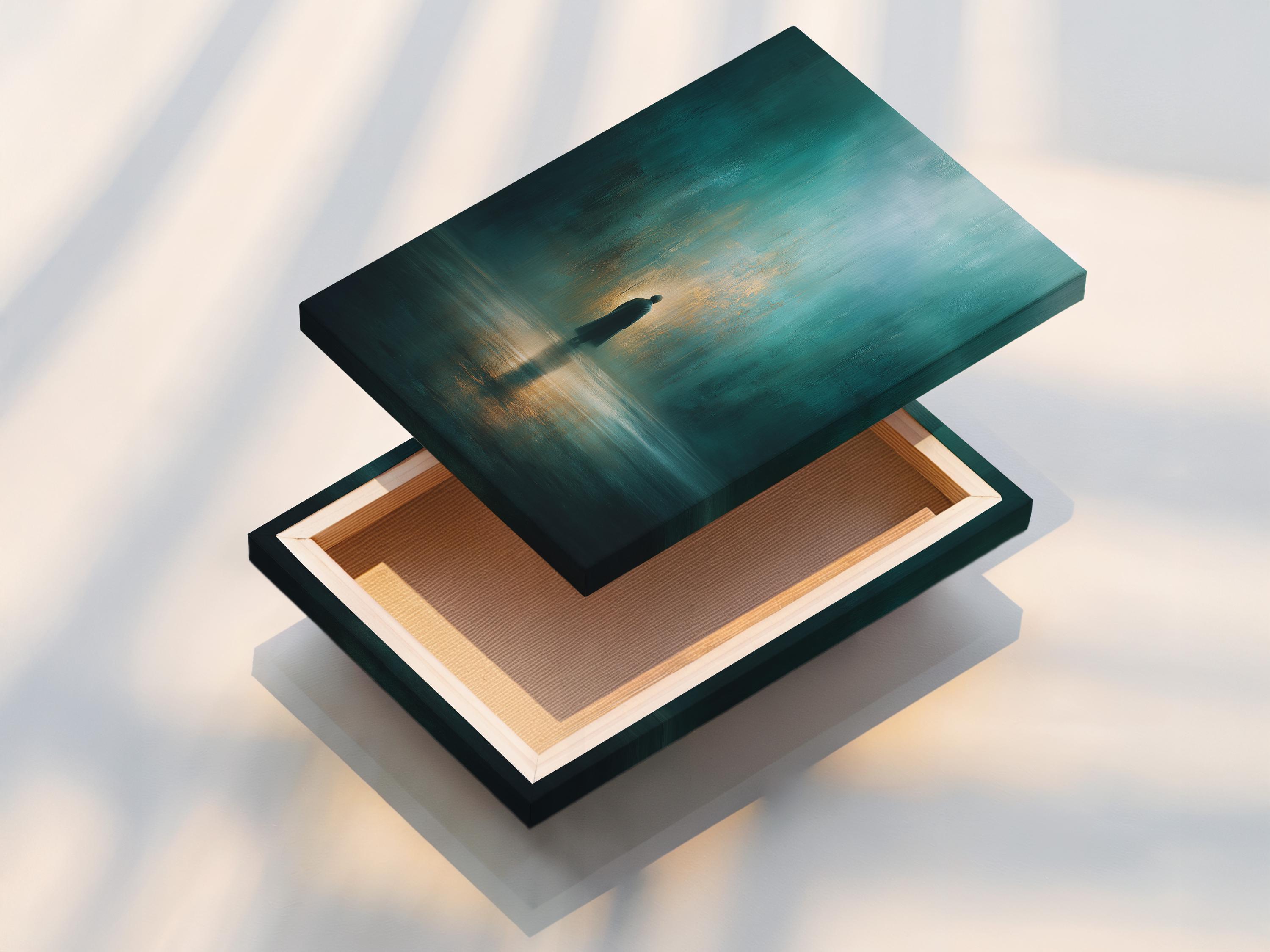 Teal and gold artwork showing a solitary figure silhouette with a warm glow and reflection on the floor detail view