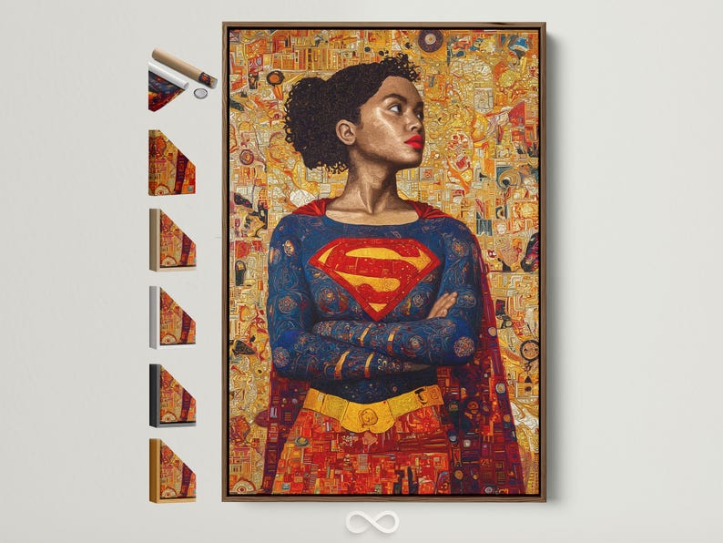 Stylised portrait of a woman in a deep blue superhero outfit with red and gold emblem against a mosaic city background