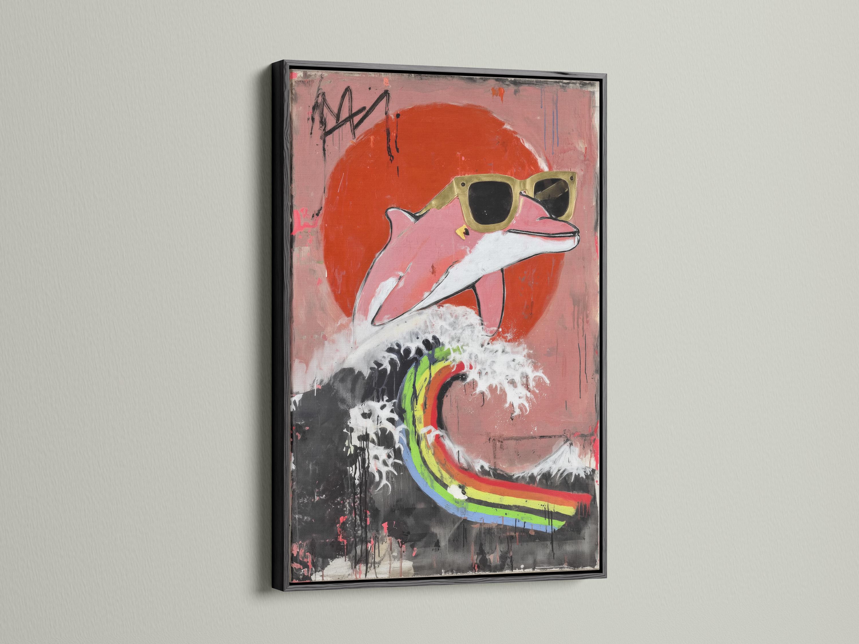 A stylised pink dolphin in pop-art style is shown diving through a graffiti-like backdrop with bold rainbow accents and drips detail view