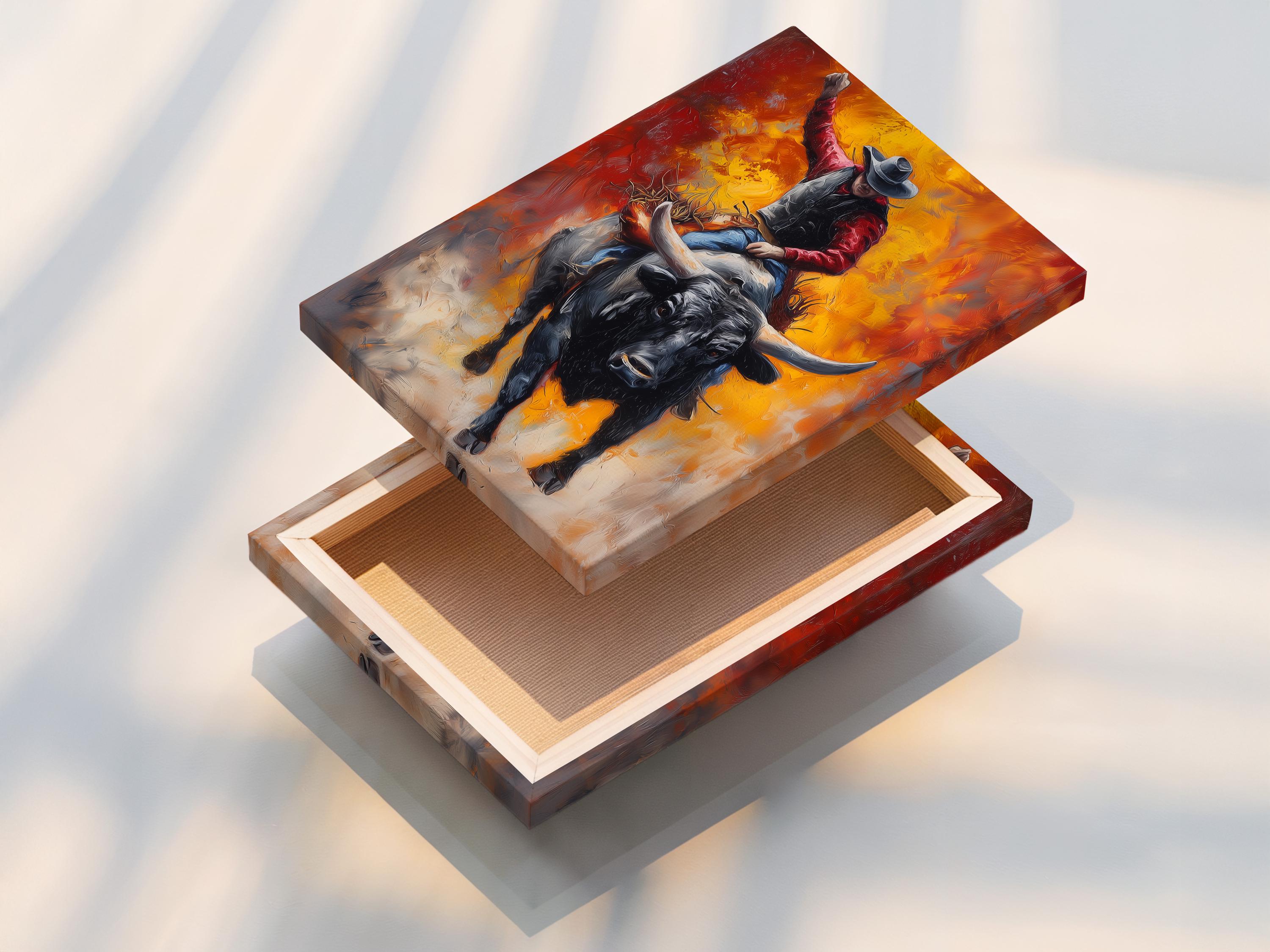 Cowboy riding a black bull in a western scene with flame-like orange and gold background detail view