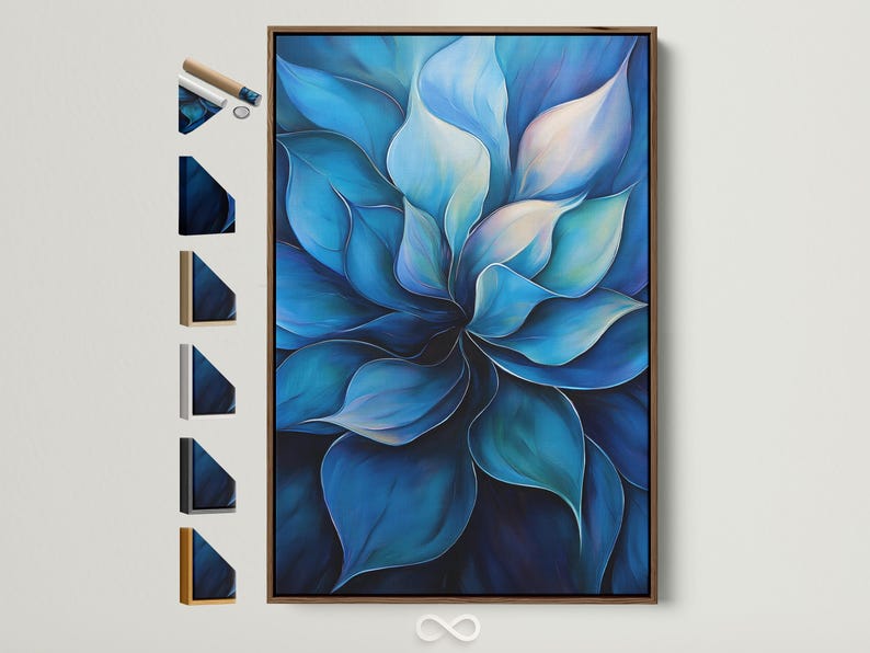 Blue abstract botanical artwork with layered petals and ivory highlights