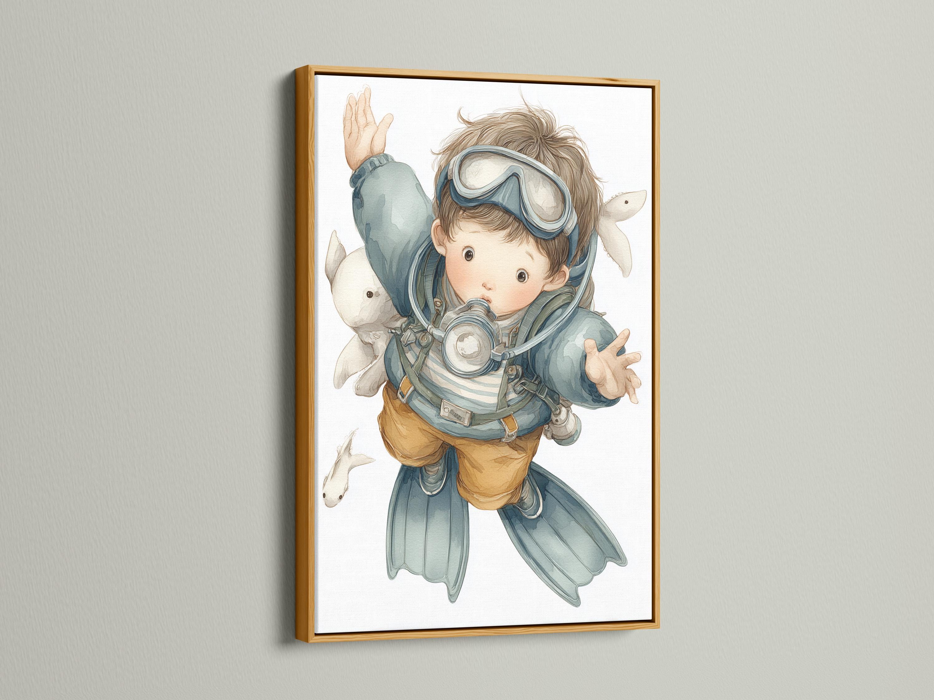 Scuba diving boy illustration with underwater fish floating around him detail view
