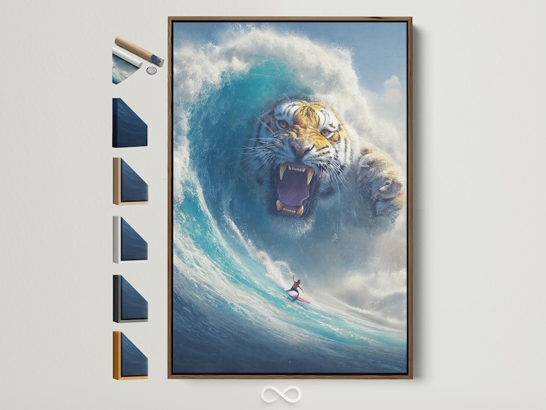 Roaring tiger head bursting from foamy ocean waves with a surfer riding below