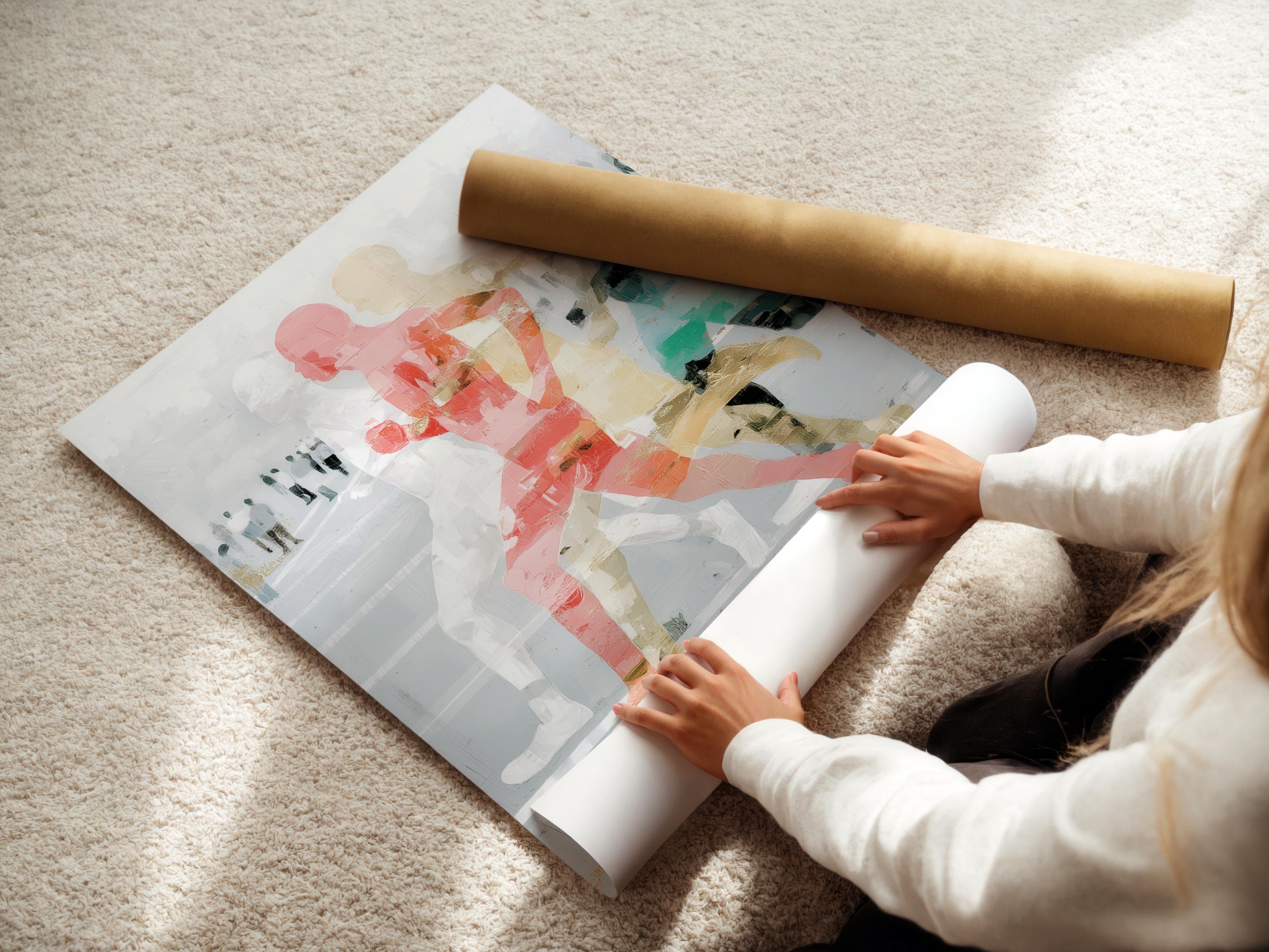 Room mockup featuring a framed abstract runners artwork with coral and teal figures