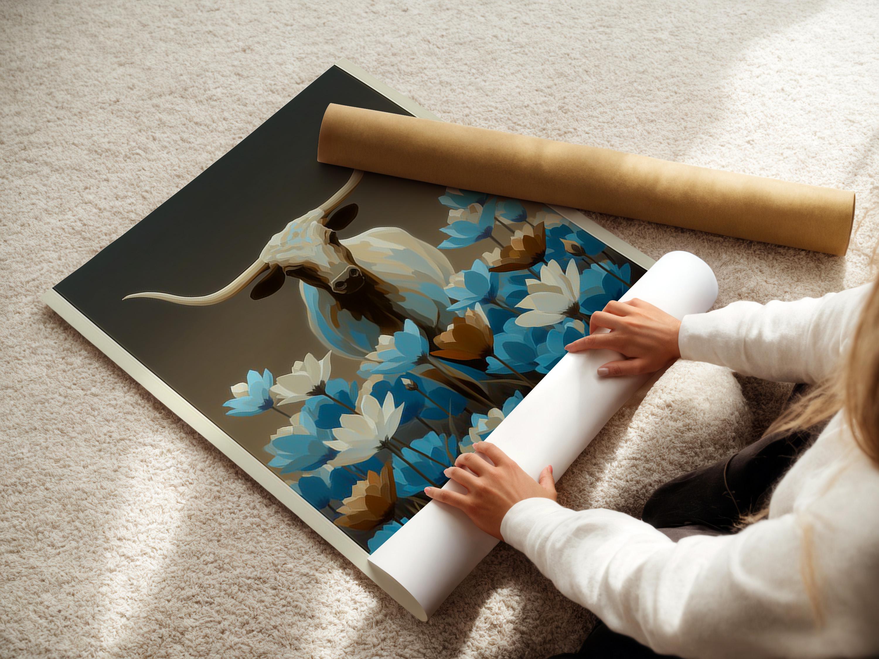 Longhorn bull artwork mockup on a wall with wildflowers and a framed design