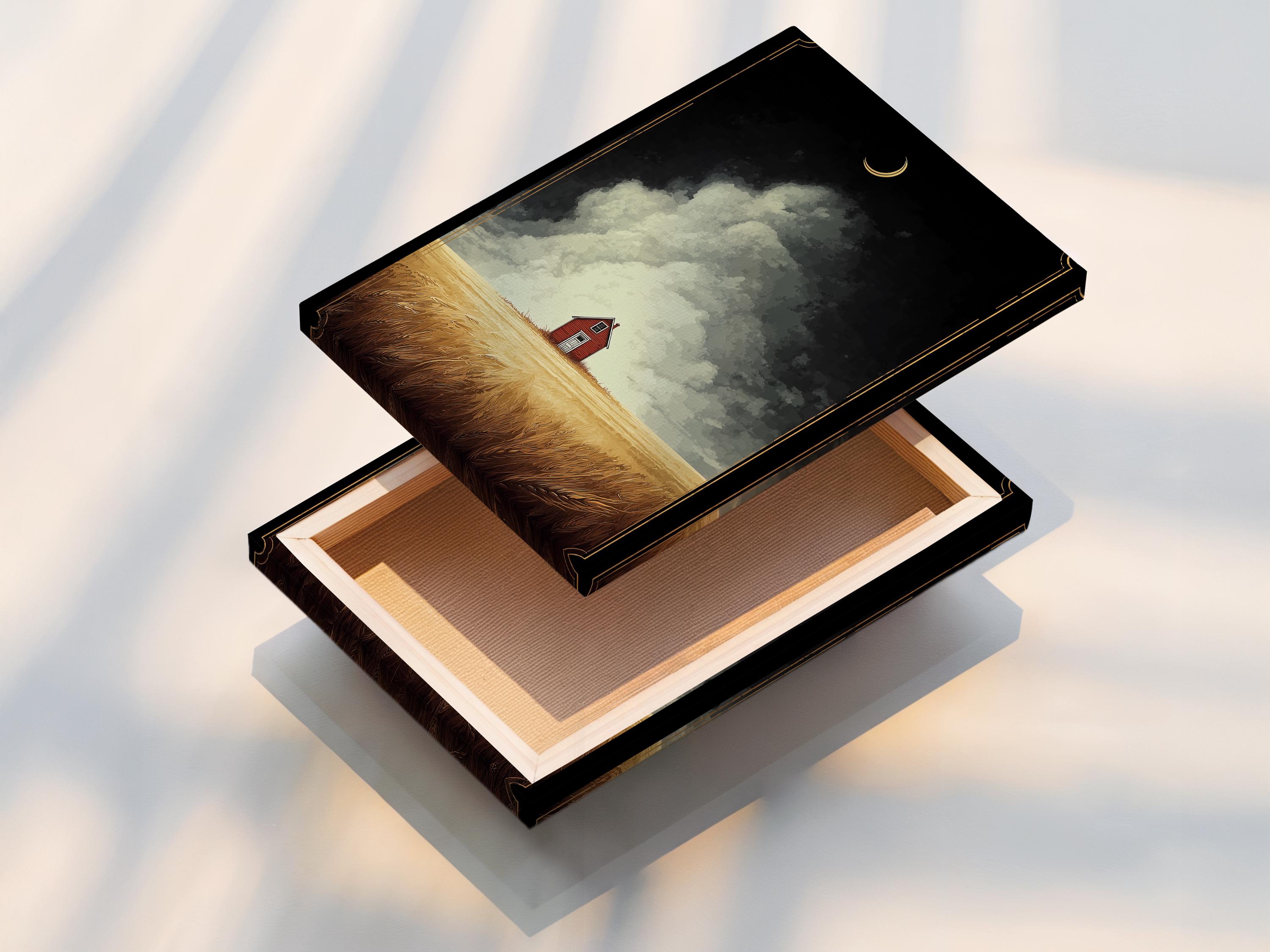 Framed landscape mockup showing a red barn in a golden wheat field under a cloudy dusk sky
