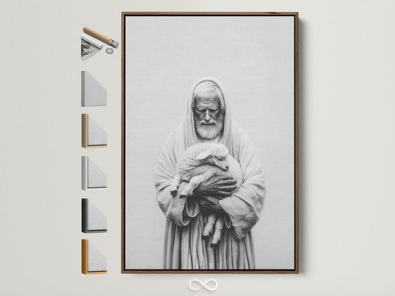 Black-and-white portrait of a hooded shepherd holding a lamb