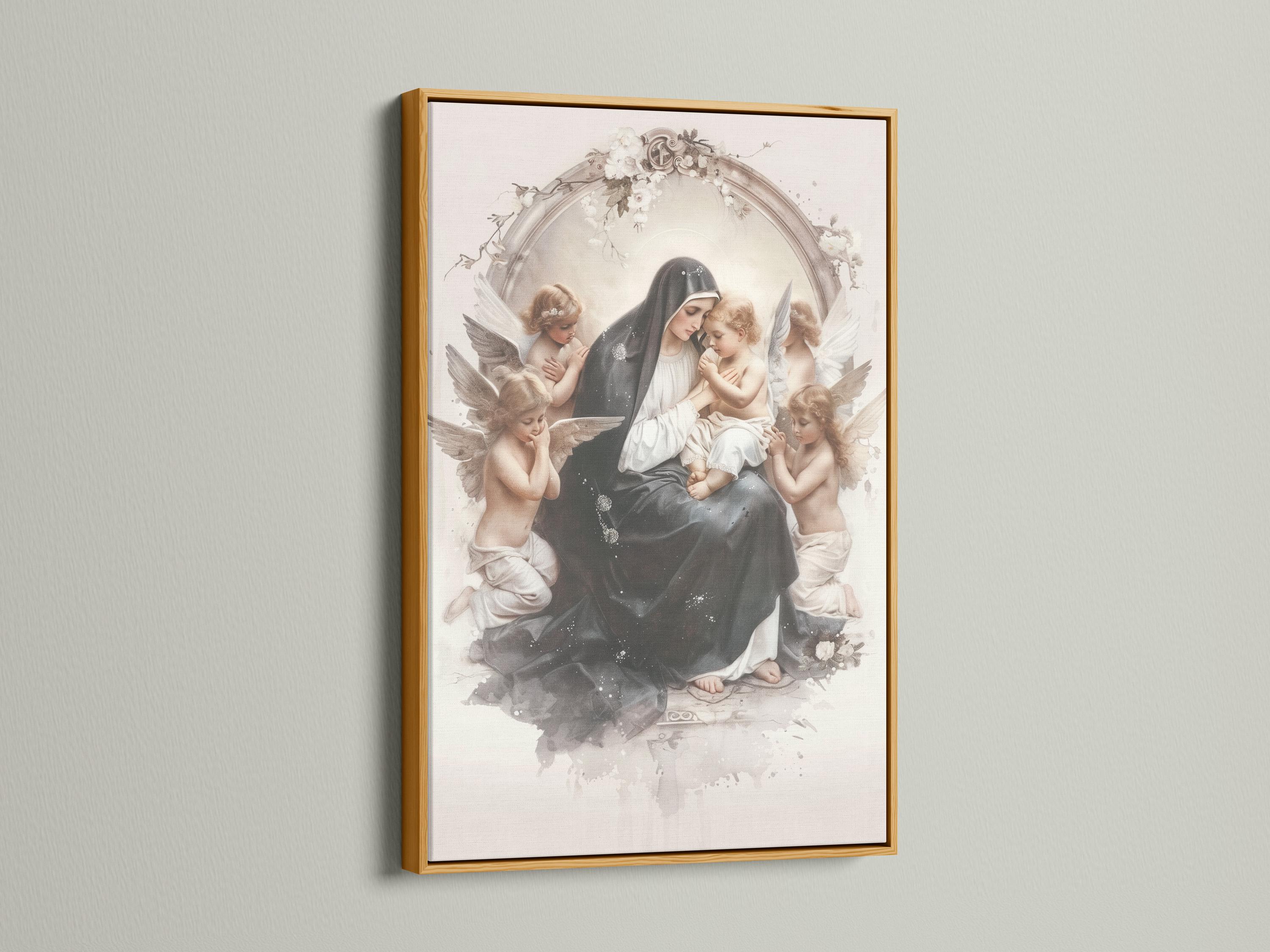 Madonna and Child religious artwork with winged cherubs and a floral arch in cream and grey tones detail view