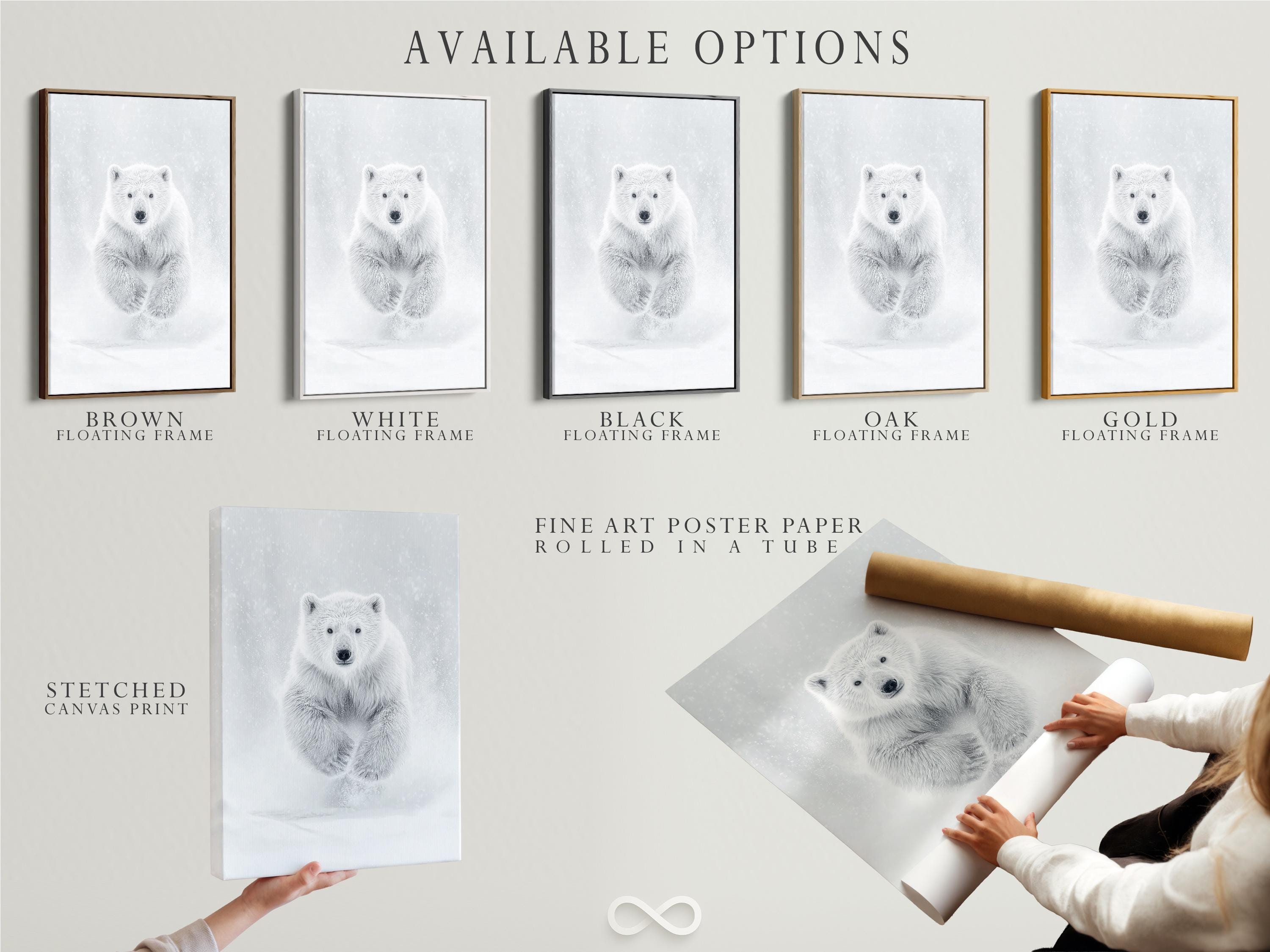 Room mockup showing a framed monochrome polar bear running artwork