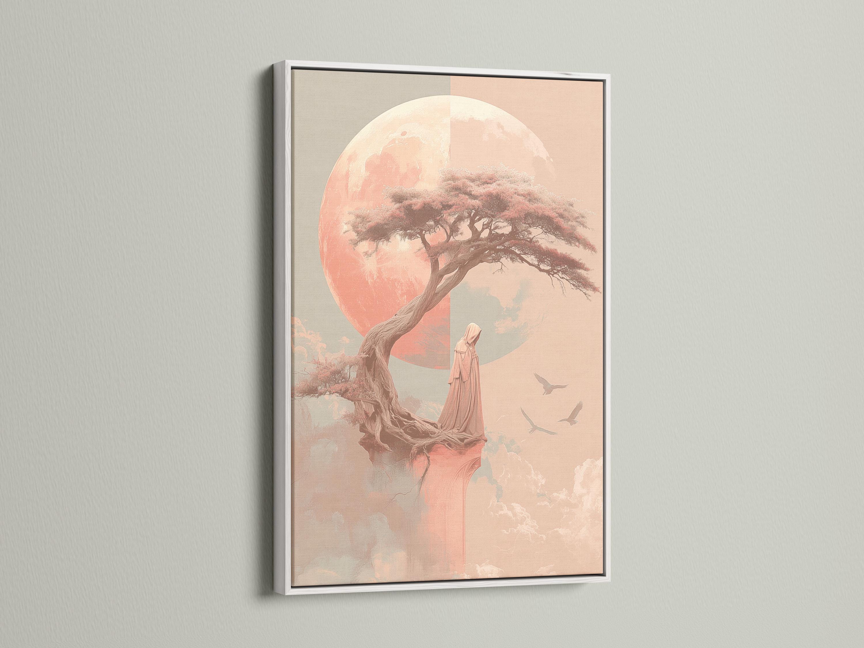 Coral pink moonlit tree with a robed figure and birds in flight detail view