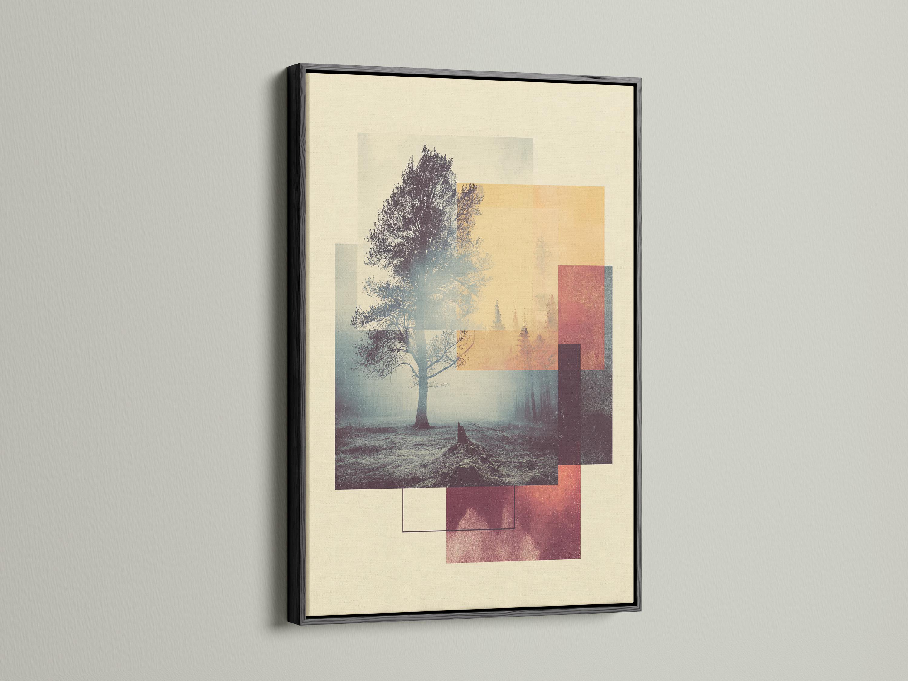 Abstract tree landscape with a lone tree silhouette and geometric beige, grey-blue and burgundy blocks detail view