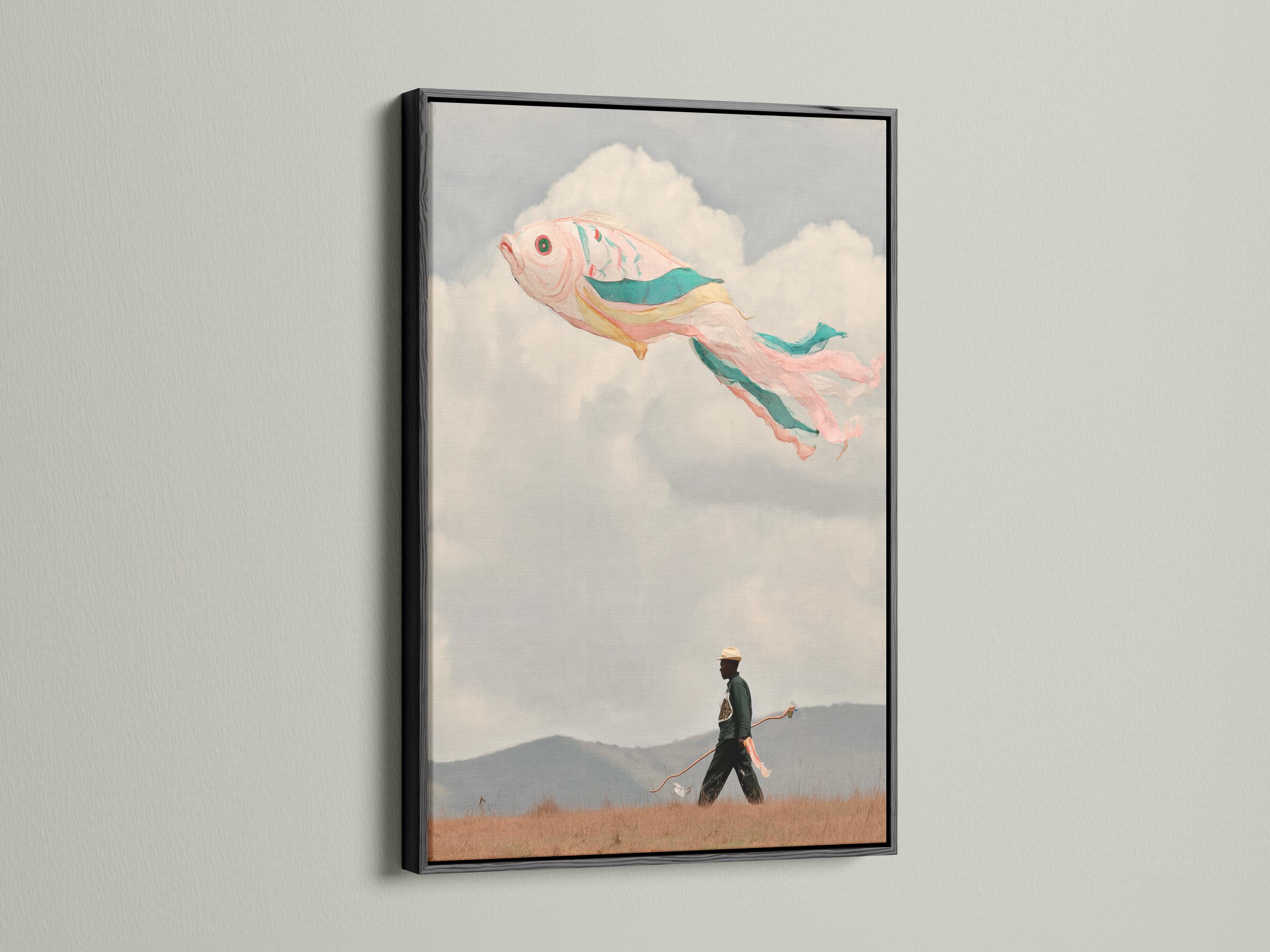 Mockup of a framed artwork showing a surreal flying fish in the sky