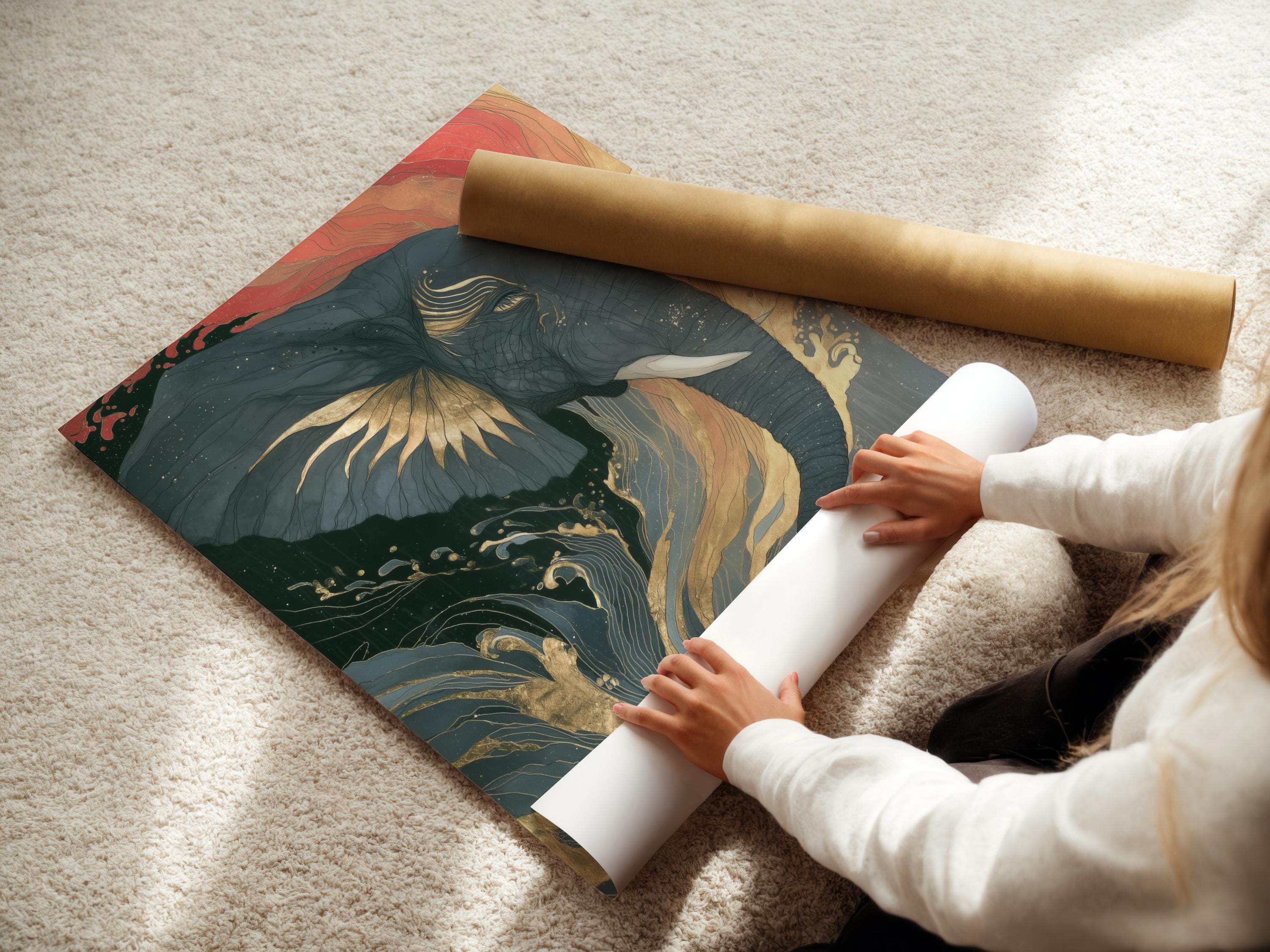 Abstract elephant portrait with swirling wave patterns in muted teal, coral pink and warm gold lines detail view