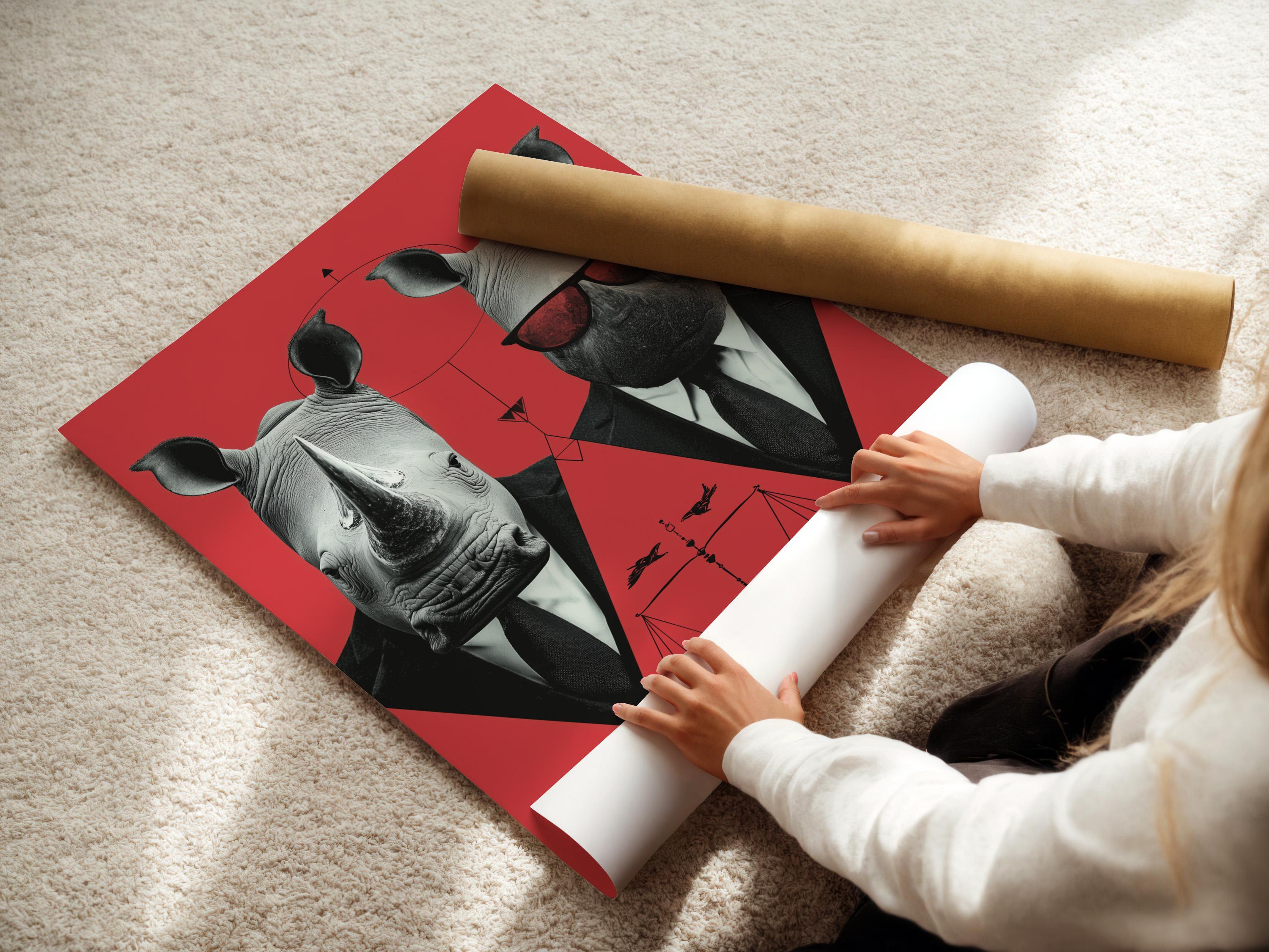 A stylised rhino duo in suits wears red sunglasses against a coral backdrop, with a red hourglass-like symbol and thin geometric lines below detail