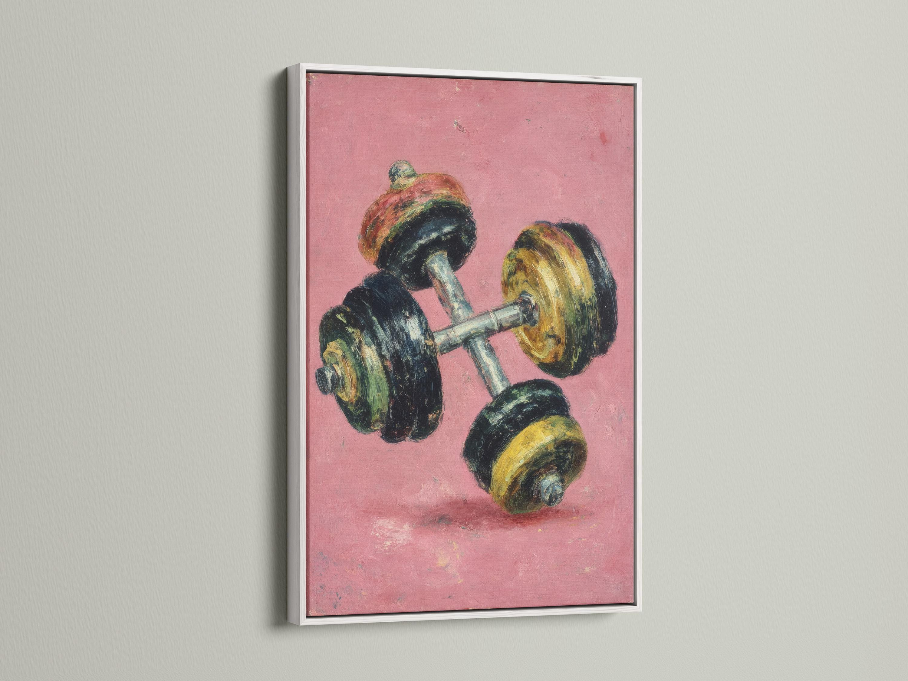 Wall mockup showing a retro dumbbell artwork on a pink textured background