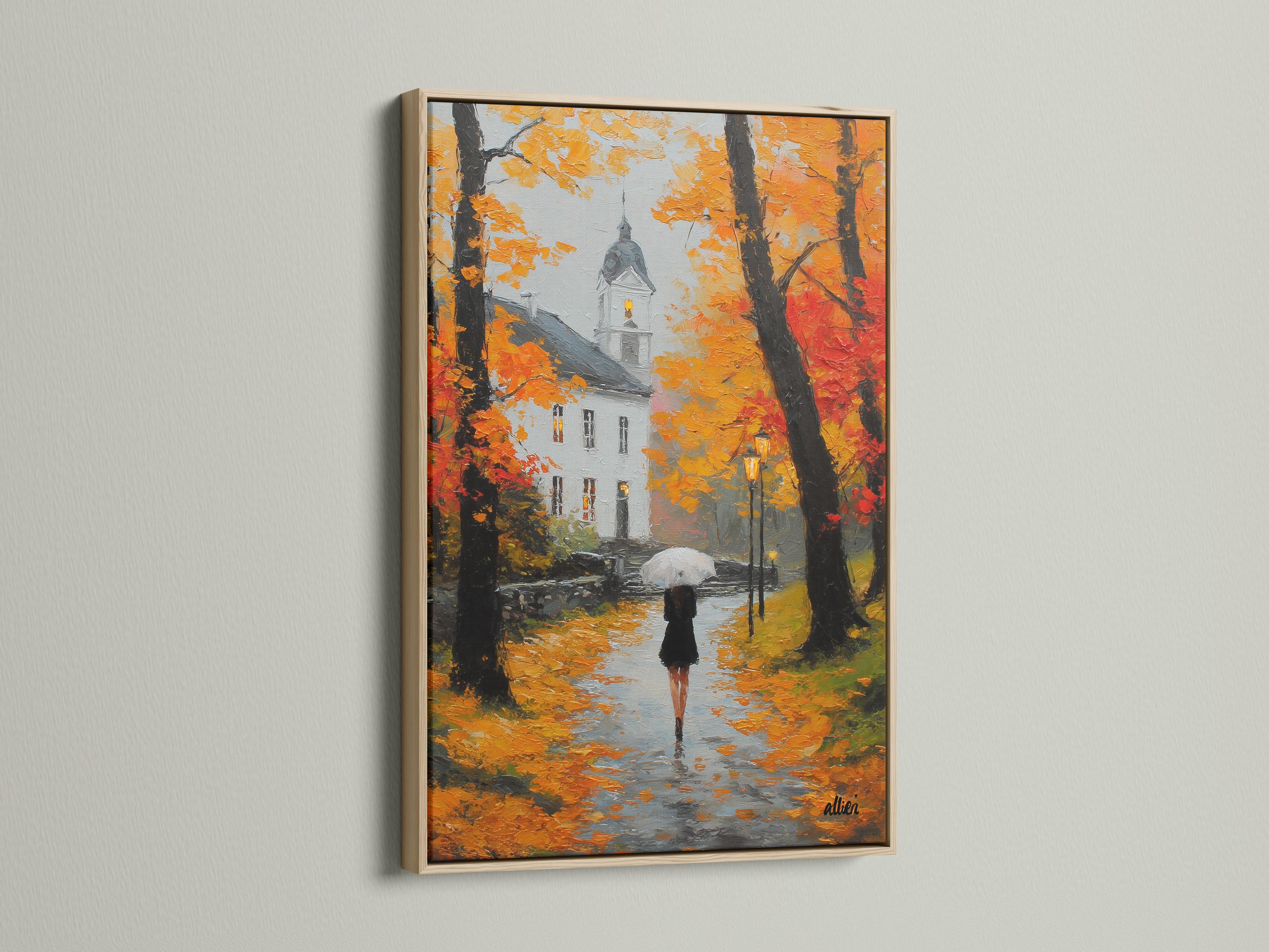 Painted autumn rain street scene with a figure holding an umbrella under orange and red trees detail view