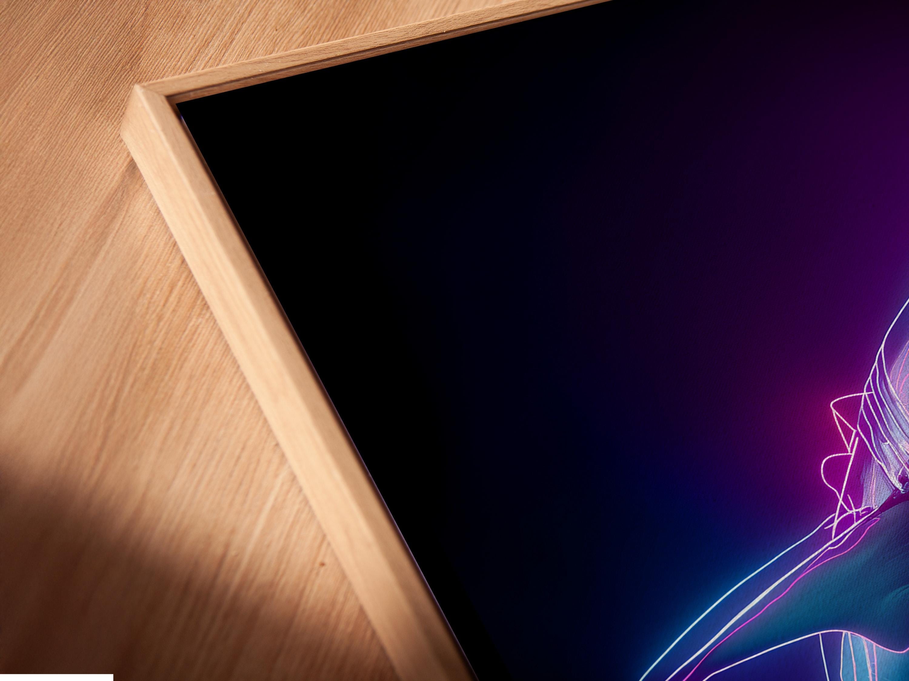 Neon line-drawn shark with magenta and cyan glow on a dark purple background detail view
