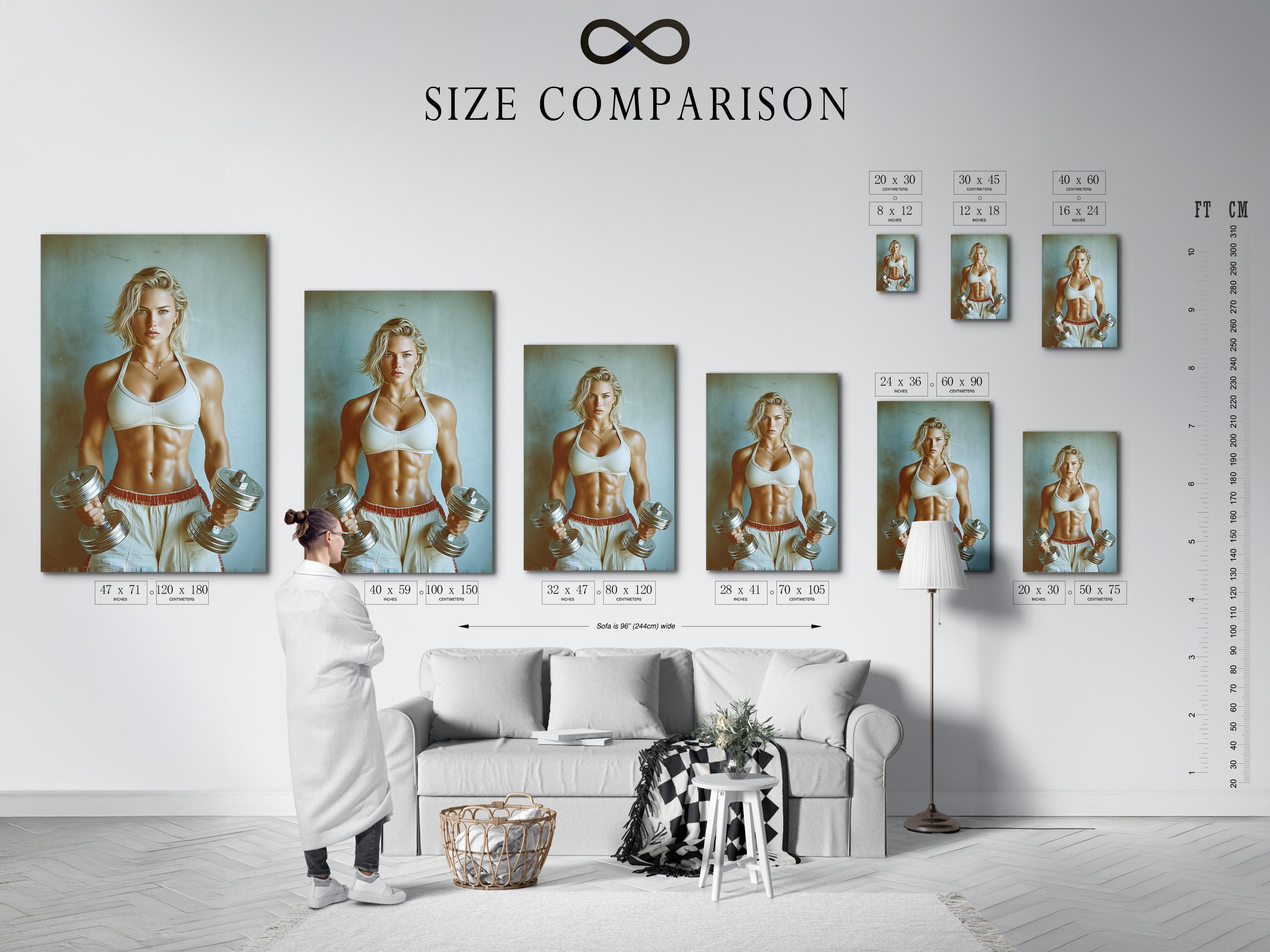 Room mockup showing a framed fitness portrait of a woman holding dumbbells on a teal background