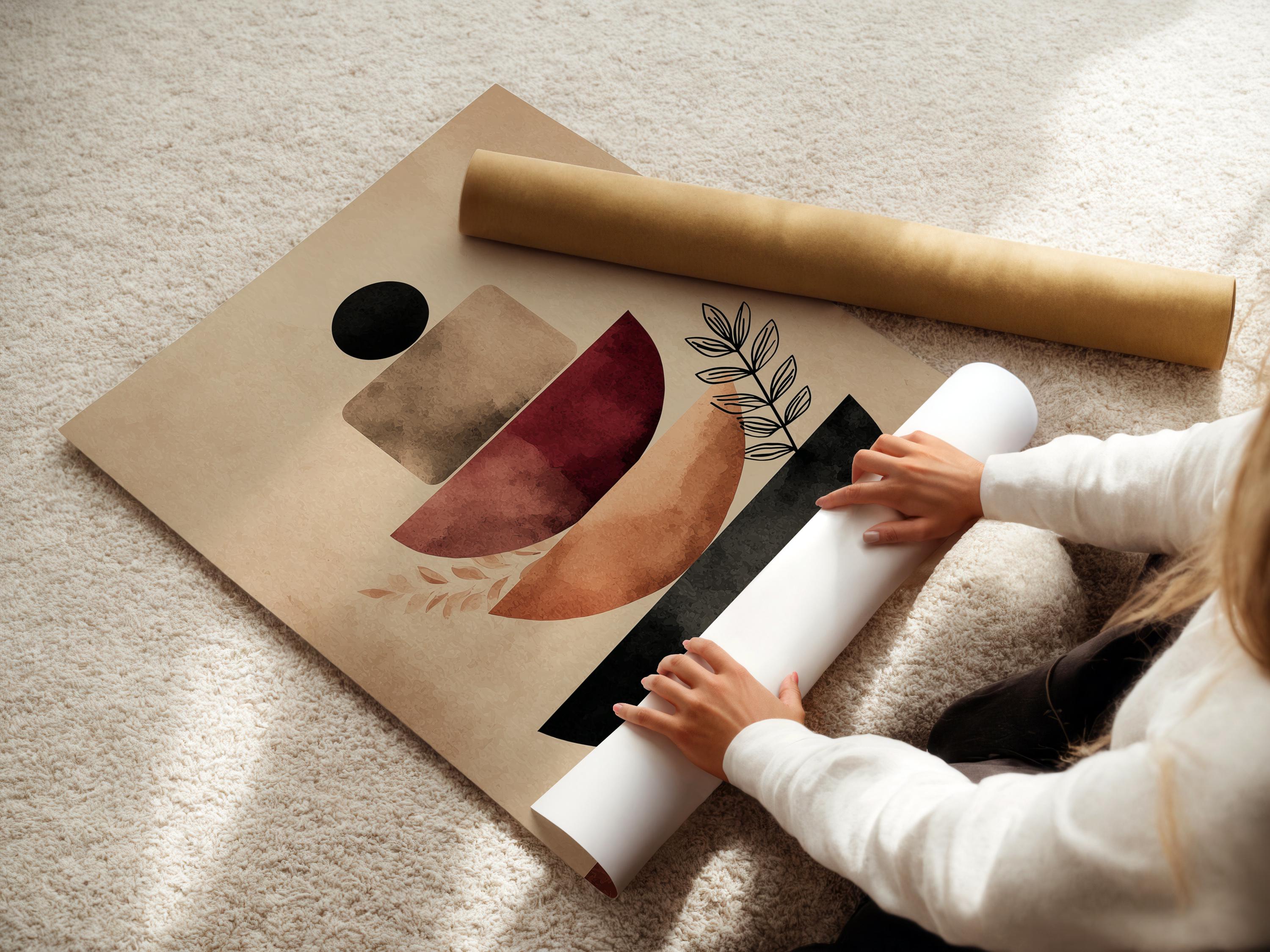 Geometric abstract artwork with stacked curved shapes in black and terracotta on a warm beige background and small leaf linework detail view