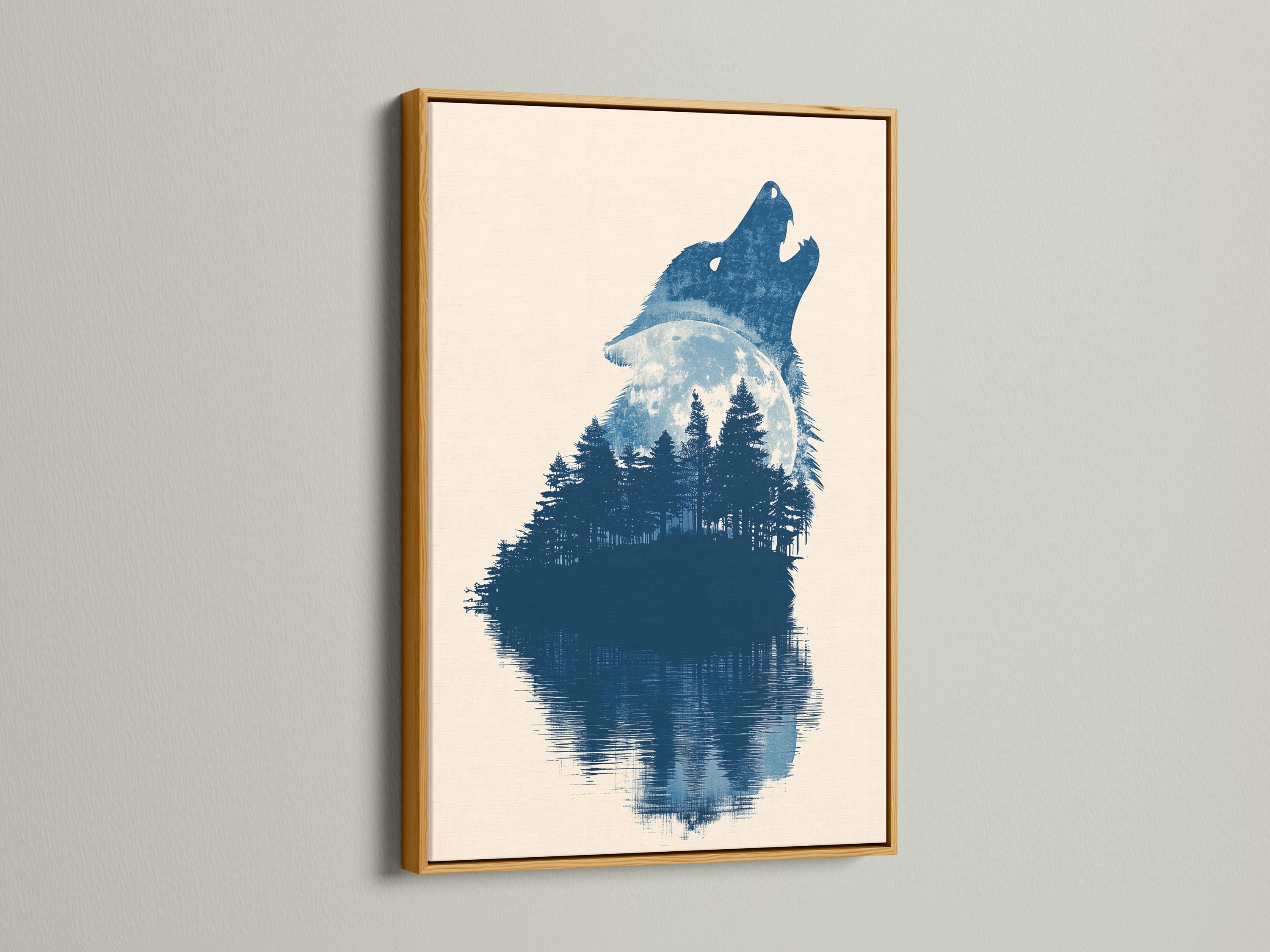 Indigo blue howling wolf silhouette filled with forest trees on a pale beige background detail view