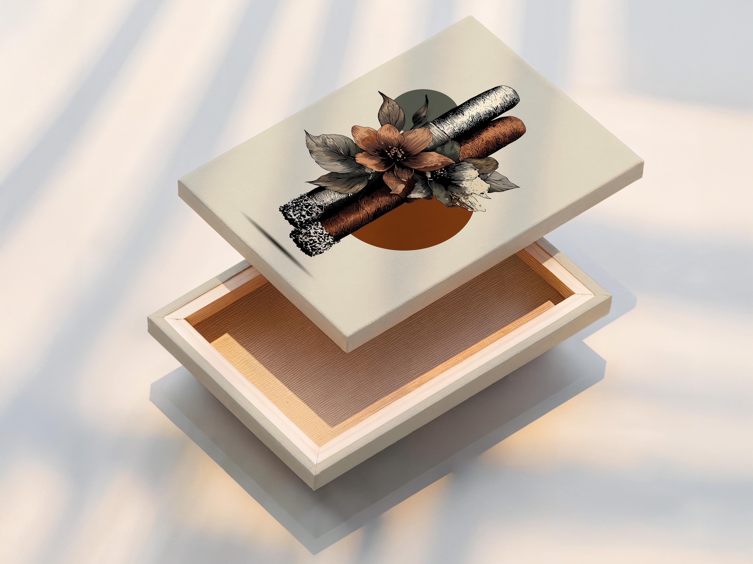 Botanical illustration of a textured cigar surrounded by terracotta flowers and dark leaves on an off-white background detail view