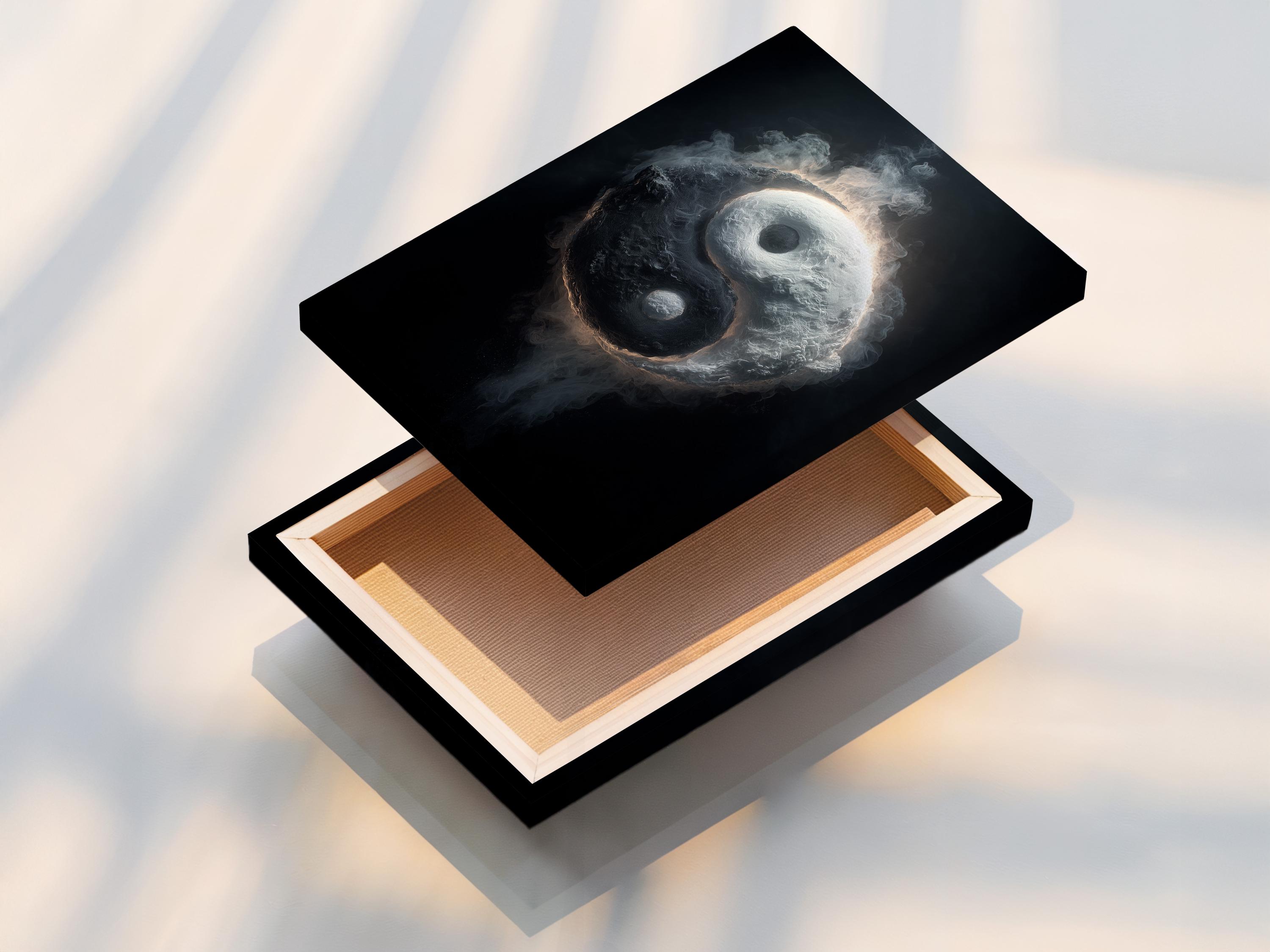 Monochrome yin yang symbol with smoky swirling texture and a glowing rim on a dark background detail view