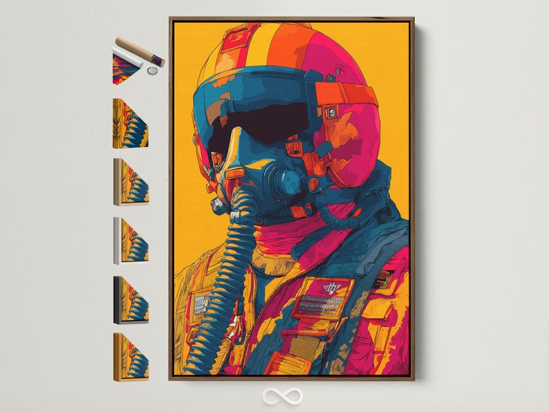 Retro pilot illustration with helmet and goggles in teal, orange and hot pink on a yellow background
