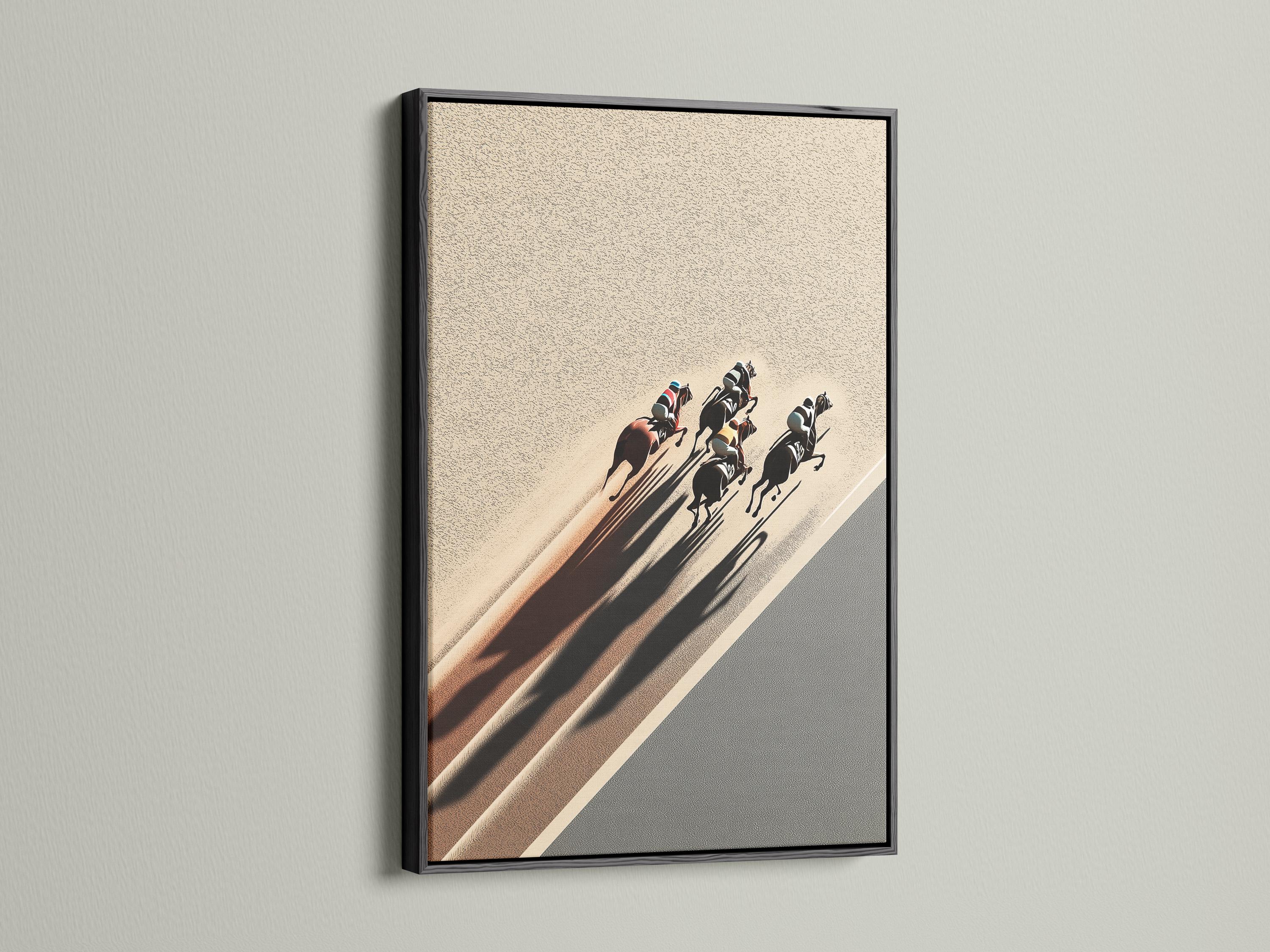 Racehorses and riders galloping along a diagonal sandy track with long dark shadows detail view