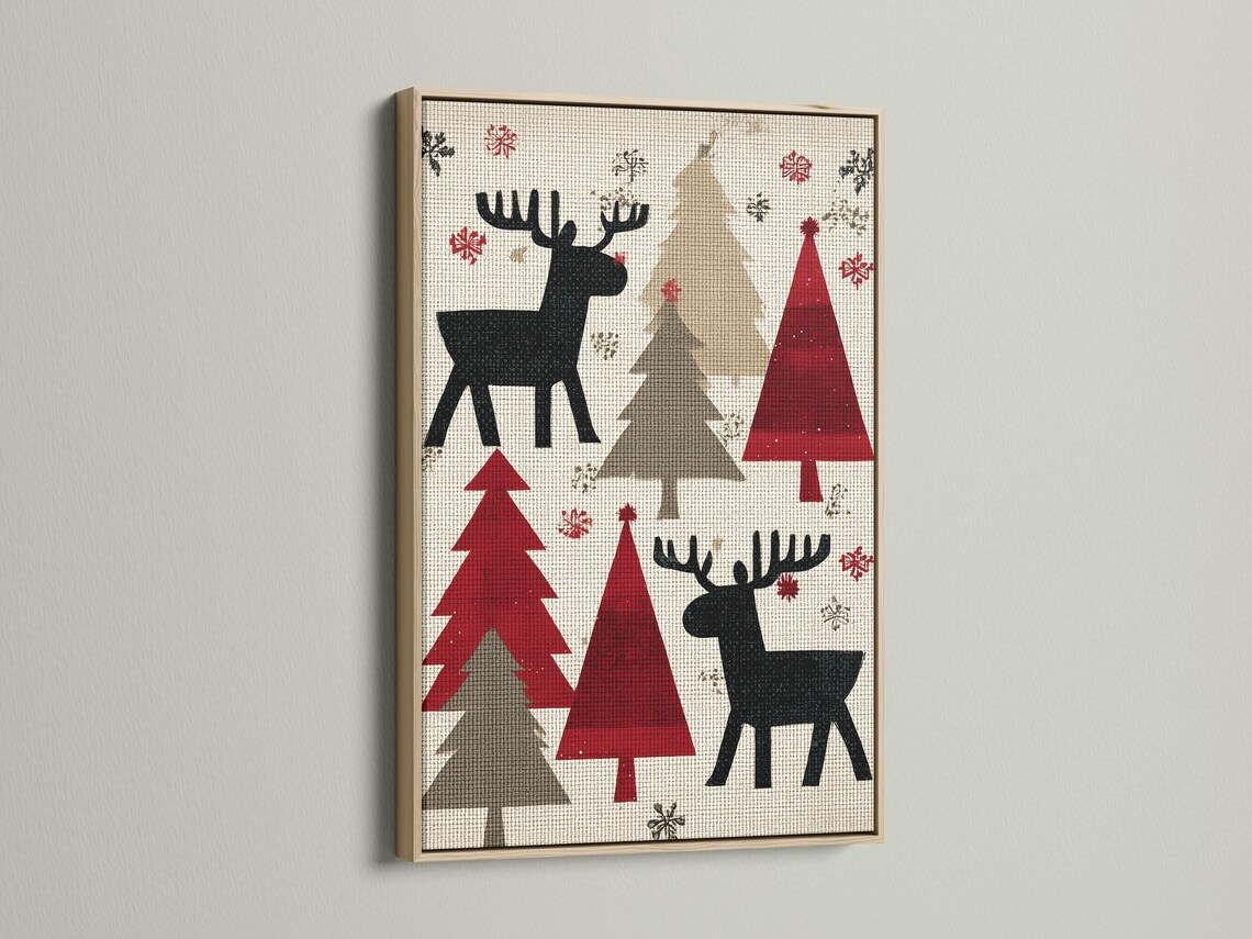Room mockup showing a framed festive moose artwork with Christmas trees and snowflakes