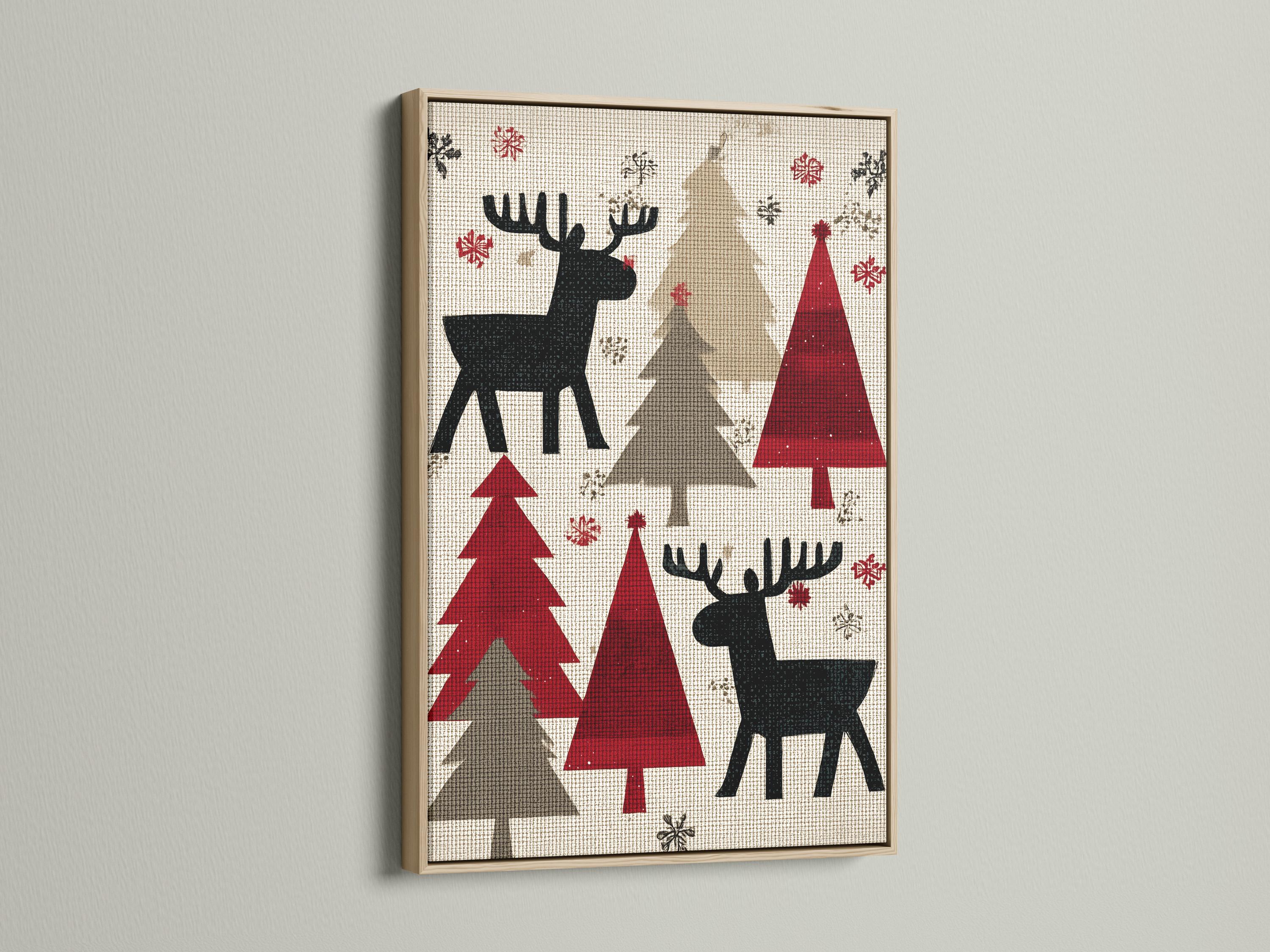 Room mockup showing a framed festive moose artwork with Christmas trees and snowflakes