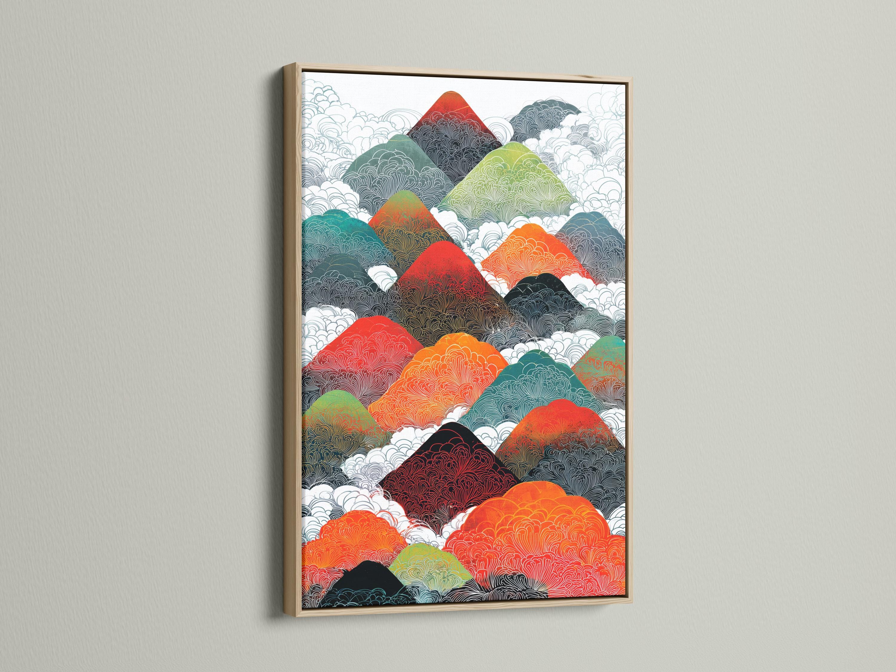 Illustrated mountain range with repeating contour line texture in red, orange, teal and green detail view