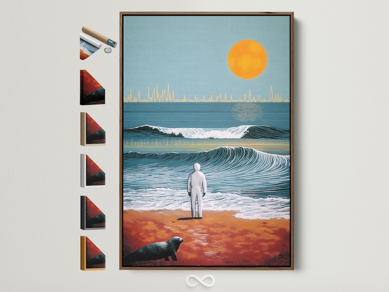 Stylised seascape with teal ocean waves, an orange sun, a beach figure, and a dark animal silhouette